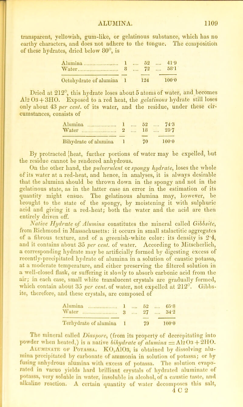 transparent, yellowish, gum-like, or gelatinous substance, which has no earthy characters, and does not adhere to the tongue. The composition of these hydrates, dried below 80°, is Alumina 1 .... 52 .... 41'9 Water 8 .... 72 .... 58 1 Octohydrate of alumina 1 124 100 0 Dried at 212°, this hydrate loses about 5 atoms of water, and becomes A12 03 + 3H0. Exposed to a red heat, the gelalijioits hydrate still loses only about 43 per cent, of its water, and the residue, under these cir- cumstances, consists of Alumina 1 .... 52 .... 74'3 Water 2 .... 18 .... 25'7 Bihydrate of alumina 1 70 100'0 By protracted jheat, further portions of water may be expelled, but the residue cannot be rendered anhydrous. On the other hand, the pulverulent or spongy hydrate, loses the whole of its water at a red-heat, and hence, in analyses, it is always desirable that the alumina should be thrown down in the spongy and not in the gelatinous state, as in the latter case an error in the estimation of its quantity might ensue. The gelatinous alumina may, however, be brought to the state of the spongy, by moistening it with sulphuric acid and giving it a red-heat; both the water and the acid are then entirely driven off. Native Hydrate of Alumina constitutes the mineral called Gihhsite, from Richmond in Massachusetts: it occurs in small stalactitic aggregates of a fibrous texture, and of a greenish-white color: its density is 2'4, and it contains about 35 per cent, of water. According to Mitscherlich, a corresponding hydrate may be artificially formed by digesting excess of recently-precipitated hydrate of alumina in a solution of caustic potassa, at a moderate temperature, and either preserving the filtered solution in a well-closed flask, or suffering it slowly to absorb carbonic acid from the air; in each case, small white translucent crystals are gradually formed, which contain about 35 per cent, of Avater, not expelled at 212°. Gibbs- ite, therefore, and these crystals, are composed of Alumina 1 .... 52 .... C5'8 Water 3 .... 27 .... 342 Terhydrate of alumina 1 79 100'0 The mineral called Diaspore, (from its property of decrepitating into powder when heated,) is a native bihydrate of alumina =Al203 + 2H0. Aluminate op Potassa. Kollos, is obtained by dissolving alu- mina precipitated by carbonate of ammonia in solution of potassa; or by fusing anhydrous alumina with excess of potassa. The solution evapo- rated in vacuo yields hard brilliant crystals of hydrated aluminate of potassa, very solable in Avater, insoluble in alcohol, of a caustic taste, and alkaline reaction. A certain quantity of Avater decomposes this salt, 4 C 2