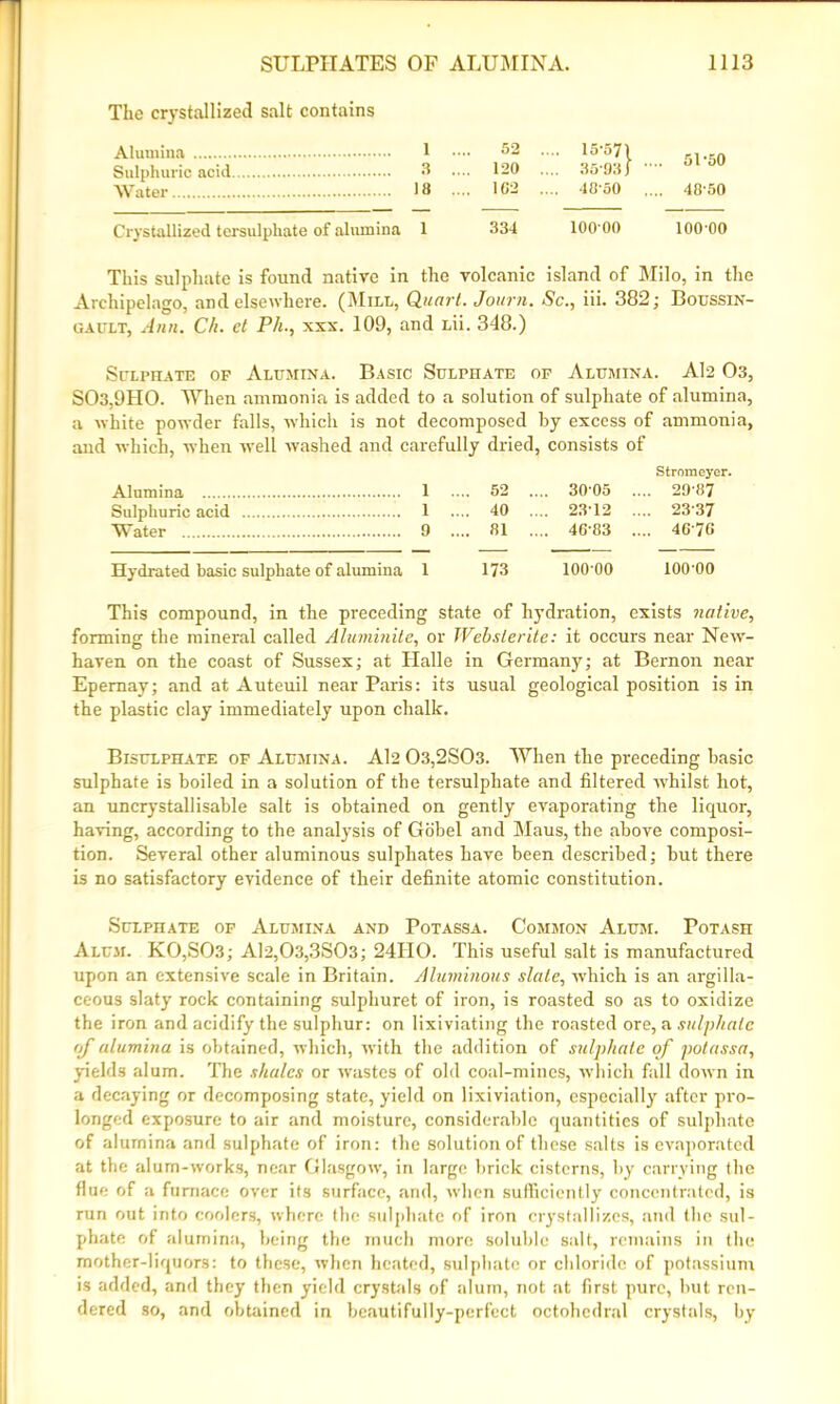 The crystallized salt contains Alumina 1 Sulphuric acid 3 Water 13 Crystallized tersulphate of alumina 1 52 . 120 . ... 15-57) ... 3o'93) ' ... 51-50 102 . ... 48-50 ... 48-50 334 10000 100 00 This sulphate is found native in the volcanic island of Milo, in the Archipelago, and elsewhere. (Mill, Quart. Journ. Sc., iii. 382; Boussin- gault, Ann. Ch. et Ph., xxx. 109, and Lii. 348.) Sulphate of Alumina. Basic Sulphate of Alumina. Al2 03, S03,9H0. When ammonia is added to a solution of sulphate of alumina, a white powder falls, which is not decomposed by excess of ammonia, and which, when well washed and carefully dried, consists of Strom eyer. Alumina 1 .... 52 .... 30'05 .... 29‘87 Sulphuric acid 1 .... 40 .... 2312 .... 23'37 Water 9 .... 81 .... 46'83 .... 4676 Hydrated basic sulphate of alumina 1 173 lOO'OO 100'00 This compound, in the preceding state of hydration, exists native, forming the mineral called Aluminite, or Webslerite: it occurs near New- haven on the coast of Sussex; at Halle in Germany; at Bernon near Epemay; and at Auteuil near Paris: its usual geological position is in the plastic clay immediately upon chalk. Bisulphate of Alumina. Al2 03,2S03. When the preceding basic sulphate is boiled in a solution of the tersulphate and filtered whilst hot, an uncrystallisable salt is obtained on gently evaporating the liquor, having, according to the analysis of Gobel and Maus, the above composi- tion. Several other aluminous sulphates have been described; but there is no satisfactory evidence of their definite atomic constitution. Sulphate of Alumina and Potassa. Common Alum. Potash Alum. KO,SC)3; Al2,03,3S03; 24IIO. This useful salt is manufactured upon an extensive scale in Britain. Aluminous slate, which is an argilla- ceous slaty rock containing sulphuret of iron, is roasted so as to oxidize the iron and acidify the sulphur: on lixiviating the roasted ore, a sulphate of alumina is obtained, which, with the addition of sulphate of potassa, yields alum. The shales or wastes of old coal-mines, which fall down in a decaying or decomposing state, yield on lixiviation, especially after pro- longed exposure to air and moisture, considerable quantities of sulphate of alumina and sulphate of iron: the solution of these salts is evaporated at the alum-works, near Glasgow, in large brick cisterns, by carrying the flue of a furnace over its surface, and, when sufficiently concentrated, is run out into coolers, where the sulphate of iron crystallizes, and the sul- phate of alumina, being the much more soluble salt, remains in the mother-liquors: to these, when heated, sulphate or chloride of potassium is added, and they then yield crystals of alum, not at first pure, but ren- dered so, and obtained in beautifully-perfect octohcdral crystals, by
