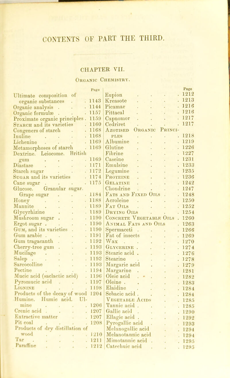 CONTENTS OF PART THE THIRD. CHAPTER VII. Organic Chemistry. Page Ultimate composition of organic substances . .1143 Organic analysis . . .1144 Organic formulae . . .1157 Proximate organic principles . 1159 Starch and its varieties . 1160 Congeners of starch . .1168 Inuline .... 1168 Lichenine . . • .1169 Metamorphoses of starch . 1169 Dextrine. Leiocome. British gum . 1169 Diastase .... 1171 Starch sugar . . ■ 1172 Sugar and its varieties . 1174 Cane sugar . . . .1175 Glucose. Granular sugar. Grape sugar . . .1184 Honey . . . .1188 Mannite . . . .1189 Glycyrhizine . . .1189 Mushroom sugar . . .1190 Ergot sugar . . . .1190 Gum, and its varieties . .1190 Gum arabic . . . .1191 Gum tragacanth . .1192 Cherry-tree gum . . .1193 Mucilage . . . .1193 Salep . . . . .1193 Sarcocolline . . .1193 Pectine . . . .1194 Mucic acid (saclactic acid) . 1196 Pyromucic acid . . .1197 Lignine . . . .1198 Products of the decay of wood 1204 Humine. Humic acid. Ul- mine .... 1206 Crenic acid .... 1207 Extractive matter . . 1207 Pit coal .... 1208 Products of dry distillation of wood . . .1210 Tar 1211 Paraffine . . . .1212 Pago Eupion . 1212 Kreasote 1213 Picamar 1216 Pittacal 1216 Capnomor 1217 Cedriret . 1217 Azotised Organic Princi- ples . 1218 Albumine 1219 Glutine 1226 Fibrine 1227 Caseine . . 1231 Emulsine 1233 Legumine 1235 Proteine 1236 Gelatine 1242 Chondrine 1247 Fats and Fixed Oils 1248 Acroleine , 1250 Fat Oils 1252 Drying Oils 1254 Concrete Vegetable Oils . 1260 Animal Fats and Oils 1263 Spermaceti . 1266 Fat of insects 1269 Wax . 1270 Glycerine . 1274 Stearic acid . 1276 Stearin e - . 1278 Margaric acid 1279 Margarine 1281 Oleic acid . • . 1282 Oleine . 1283 Elaidine . 1284 Sebacic acid . 1284 Vegetable Acids 1285 Tannic acid . 1285 Gallic acid . 1290 Ellagic acid . 1292 Pyrogallic acid 1293 Melanogallic acid 1294 Melanotannic acid 1294 | Mimotannic acid . 1295 Catechuic acid 1295