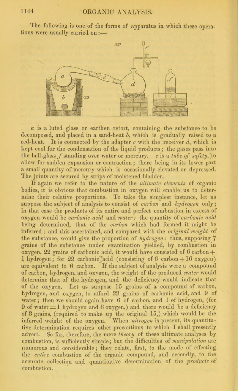 The following is one of the forms of apparatus iu which these opera- tions were usually carried on :— a is a luted glass or earthen retort, containing the substance to be decomposed, and placed in a sand-heat b, which is gradually raised to a red-heat. It is connected by the adapter c with the receiver d, which is kept cool for the condensation of the liquid products; the gases pass into the bell-glass f standing over water or mercury, c is a tube of safely, to allow for sudden expansion or contraction; there being in its lower part a small quantity of mercury which is occasionally elevated or depressed. The joints are secured by strips of moistened bladder. If again we refer to the nature of the ultimate elements of organic bodies, it is obvious that combustion in oxygen will enable us to deter- mine their relative proportions. To take the simplest instance, let us suppose the subject of analysis to consist of carbon and hydrogen only; in that case the products of its entire and perfect combustion in excess of oxygen would be carbonic acid and mater; the quantity of carbonic acid being determined, that of the carbon which had formed it might be inferred ; and this ascertained, and compared with the original weight of the substance, would give the proportion of hydrogen: thus, supposing 7 grains of the substance under examination yielded, by combustion in oxygen, 22 grains of carbonic acid, it would have consisted of 6 carbon + 1 hydrogen ; for 22 carbonic 'acid (consisting of 6 carbon + 16 oxygen) are equivalent to 6 carbon. If the subject of analysis were a compound of carbon, hydrogen, and oxygen, the weight of the produced mater would determine that of the hydrogen, and the deficiency would indicate that of the oxygen. Let us suppose 15 grains of a compound of carbon, hydrogen, and oxygen, to afford 22 grains of carbonic acid, and 9 of water; then we should again have 6 of carbon, and 1 of hydrogen, (for 9 of water = 1 hydrogen and 8 oxygen,) and there would be a deficiency of 8 grains, (required to make up the original 15,) which would be the inferred weight of the oxygen. When nitrogen is present, its quantita- tive determination requires other precautions to which I shall presently advert. So far, therefore, the mere theory of these ultimate analyses by combustion, is sufficiently simple; but the difficulties of manipulation are numerous and considerable; they relate, first, to the mode of effecting the entire combustion of the organic compound, and secondly, to the accurate collection and quantitative determination of the products of combustion.