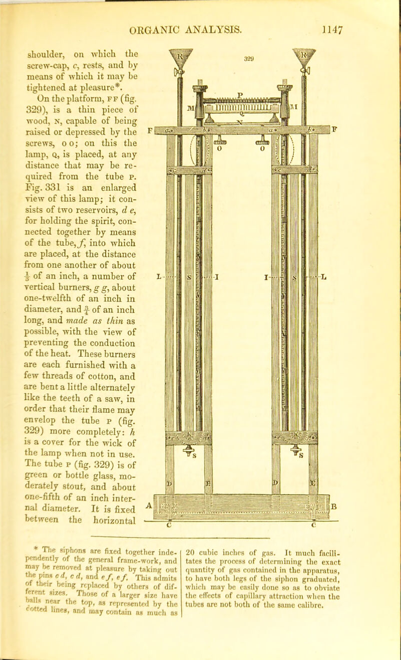 shoulder, on which the screw-cap, c, rests, and by means of which it may be tightened at pleasure*. On the platform, ff (fig. 329), is a thin piece of wood, N, capable of being raised or depressed by the screws, oo; on this the lamp, q, is placed, at any distance that may be re- quired from the tube p. Fig. 331 is an enlarged view of this lamp; it con- sists of two reservoirs, d e, for holding the spirit, con- nected together by means of the tube, /, into which are placed, at the distance from one another of about of an inch, a number of vertical burners, g g, about one-twelfth of an inch in diameter, and f- of an inch long, and made as thin as possible, with the view of preventing the conduction of the heat. These burners are each furnished with a few threads of cotton, and are bent a little alternately like the teeth of a saw, in order that their flame may envelop the tube p (fig. 329) more completely: h is a cover for the wick of the lamp when not in use. The tube p (fig. 329) is of green or bottle glass, mo- derately stout, and about one-fifth of an inch inter- nal diameter. It is fixed between the horizontal * The siphons are fixed together inde- pendently of the general frame-work, and may be removed at pleasure by taking out the pins cd, c d, and ef, ef. Tins admits of their being replaced by others of dif- ferent sizes. Those of a larger size have balls near the top, as represented by the co.ted lines, and may contain as much as 20 cubic inches of gas. It much facili- tates the process of determining the exact quantity of gas contained in the apparatus, to have both legs of the siphon graduated, wliicli may be easily done so as to obviate the effects of capillary attraction when the tubes are not both of the same calibre.