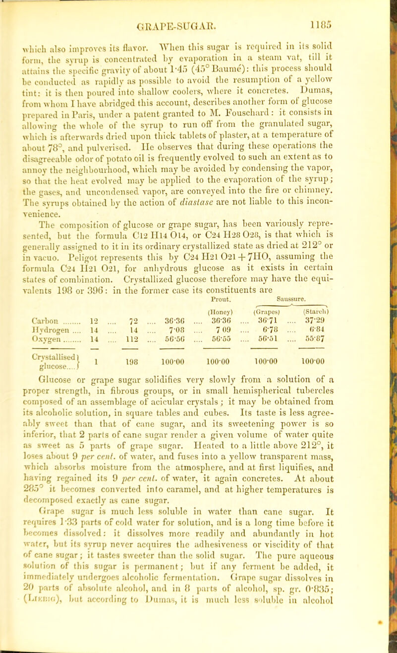 which also improves its flavor. When this sugar is required in its solid form, the syrup is concentrated by evaporation in a steam vat, till it attains the specific gravity of about 1'45 (45° Baume): this process should he conducted as rapidly as possible to avoid the resumption of a yellow tint: it is then poured into shallow coolers, where it concretes. Dumas, from whom I have abridged this account, describes another form of glucose prepared in Paris, under a patent granted to M. louschard : it consists in allowing the whole of the syrup to run oft from the granulated sugar, which is afterwards dried upon thick tablets of plaster, at a temperature of about 78°, and pulverised. lie observes that during these operations the disagreeable odor of potato oil is frequently evolved to such an extent as to annoy the neighbourhood, which may he avoided hy condensing the vapor, so that the heat evolved may be applied to the evaporation of the syrup; the gases, and uncondensed vapor, are conveyed into the fire or chimney. The syrups obtained by the action of diastase are not liable to this incon- venience. The composition of glucose or grape sugar, has been variously repre- sented, but the formula Cl2lll4 0l4, or C24 1128 0-28, is that which is generally assigned to it in its ordinary crystallized state as dried at 212° or in vacuo. Peligot represents this by C24 PI21 021 + 7HO> assuming the formula C'24 II21 021, for anhydrous glucose as it exists in certain states of combination. Crystallized glucose therefore may have the equi- valents 198 or 396: in the former case its constituents are Pro lit. Saussiire. (Honey) (Grapes) (Starcli) Carbon 12 . ... 72 . ... 3C-3C . ... 3036 . ... 3G-71 .. .. 37-29 Hvdrogen .... 14 . 14 . 7*08 . 7 09 . G-78 . 684 Oxygen 14 . 112 . 5C*5G 5G55 5G-51 .. 55-87 Crystallised 1 glucose....) 1 198 100*00 100 00 100-00 10000 Glucose or grape sugar solidifies very slowly from a solution of a proper strength, in fibrous groups, or in small hemispherical tubercles composed of an assemblage of acicular crystals; it may be obtained from its alcoholic solution, in square tables and cubes. Its taste is less agree- ably sweet than that of cane sugar, and its srveetening power is so inferior, that 2 parts of cane sugar render a given volume of water quite as sweet as 5 parts of grape sugar. Heated to a little above 212°, it loses about 9 per cent, of water, and fuses into a yellow transparent mass, which absorbs moisture from the atmosphere, and at first liquifies, and having regained its 9 per cent, of water, it again concretes. At about 285J it becomes converted into caramel, and at higher temperatures is decomposed exactly as cane sugar. Grape sugar is much less soluble in water than cane sugar. It requires 1 '33 parts of cold water for solution, and is a long time before it becomes dissolved: it dissolves more readily and abundantly in hot water, but its syrup never acquires the adhesiveness or viscidity of that of cane sugar; it tastes sweeter than the solid sugar. The pure aqueous solution of this sugar is permanent; but if any ferment be added, it immediately undergoes alcoholic fermentation. Grape sugar dissolves in 20 parts of absolute alcohol, and in 8 parts of alcohol, sp. gr. 0*835; (Likrig), but according to Dumas, it is much less soluble in alcohol