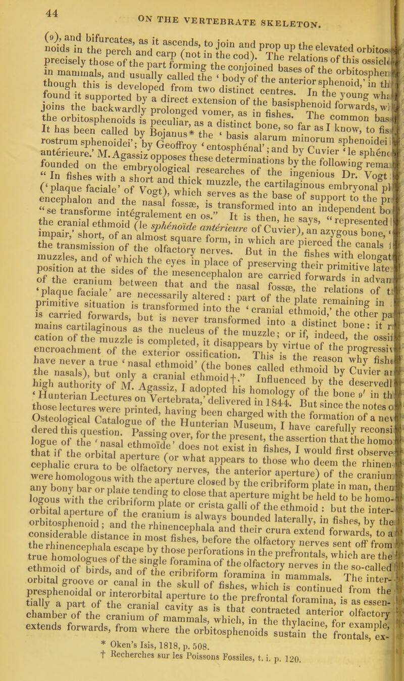 ON THE VERTEBRATE SKELETON. noids in the percl^and c^pTn'ot in the° ^Th elevated orbitos precisely those of the part forming theon^- ' delations of this ossicli in mannnals, and nsuSircS tL ^hTT.'i. ‘l-e orbitosphei: though this’is deveToS l™ ‘.tfo found It supported by a direct extension nf fhl l young whci joins the baokuardl^ pr2nge?v1?n?r as n fisheT t1°' ** the orbitosphenoids is peculiar as n i   /- ^ common bas It has been%alled by Ganns’, the • I '» rostrum sphenoidei’• by Geoffmv ‘pnfn U' mmorum sphenoidei anterieure.’ M.Agassiz^ooDosps thp« ^ by Cuvier ‘le sphenc' founded on the DG':! ^ LcepraLn i the n j ’f! s°'’ i“7'“ ? to the “se transforme intfgXrlert en os ” TuT‘‘ T “ ‘“'P'-tient bo pEs/'Srs IS carried forwards, but is never transformed ^to a d mains cartilaginous as the nucleus of the muzzle- or if ?id * cation of the muzzle is cnmnlpfpd d- i ’ mdeed, the ossit encroachment of the eSr otita^^^^^^^ P™*''™” irniTs) Vut'o;r““' «'-”f■ iir^y s^ie-jt iigh a“£i,yVS^^ a1o7ed t-'' , »f ‘l-n f«ervedl ■ Hunterian iture, ot^CebLttdtS^^^^^^ “n ,t“‘? kgue o'rthe““‘iai eta3e°'d'’p4““«>= as^ertiGSteTomo logons with the cribVfG. plate or cr^^S^^ If chamber of the cranium of ZmLZ wiS rthe“th,l“‘r extends forwards, from where the orbitosphe’noid, snslL the fronSsTS * Oken’s Isis, 1818, p. 508. t Recherclies sur les Poissons Fossiles, t. i. p. 220.