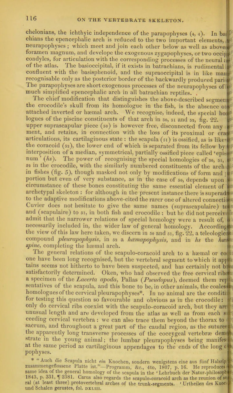 chelonians, the ichthyic independence of the parapophyses (4, 4). In ba. chians the epencephalic arch is reduced to the two important elements, neurapophyses ; which meet and join each other below as well as above foramen magnum, and develope the exogenous zygapophyses, or two occi] condyles, for articulation with the corresponding processes of the neural i of the atlas. The basioccipital, if it exists in batrachians, is rudimental confluent with the basisphenoid, and the supraoccipital is in like mai recognisable only as the posterior border of the backwardly produced pari; The parapophyses are short exogenous processes of the neurapophyses ofi much simplified epencephalic arch in all batrachian reptiles. . The chief modification that distinguishes the above-described segmep the crocodile’s skull from its homologue in the fish, is the absence ot attached inverted or haemal arch. We recognise, indeed, the special ho logues of the piscine constituents of that arch in so, si and 52, fig. 22. upper suprascapular piece (so) is however free, disconnected from any , ment, and retains, in connection with the loss of its proximal or era articulations, its cartilaginous state : the scapula (si) is ossified, as is like the coracoid (32), the lower end of which is separated from its fellow by. interposition of a median, symmetrical, partially ossified piece called ‘epit it num ' (/ts). The power of recognising the special homologies of so, si, 32 in the crocodile, with the simil.arly numbered constituents of the archi in fishes (fig. 5), though masked not only by modifications of form and ] portion but even of very substance, as in the case of so, depends upon circumstance of these bones constituting the same essential element of archetypal skeleton : for although in the present instance there is superad to the adaptive modifications above-cited the rarer one of altered connect!' Cuvier does not hesitate to give the same names (suprascapulaire) tr and (scapulaire) to si, in both fish and crocodile : but he did notperceiv. admit that the narrower relations of special homology were a result of, necessarily Included in, the wider law of general homology. According the view of this law here taken, we discern in so and si, fig. 22, a teleologici compound pleurapophysis, in 52 a hcemapophysis, and in hs the hoei spine, completing the haemal arch. The general relations of the scapulo-coracoid arch to a haemal or cot one have been long recognised, but the vertebral segment to which it apj tains seems not hitherto to have been suspected, and has certainly not b satisfactorily determined. Oken, who had observed the free cervical ribi a specimen of the Lacerta apoda, Pallas (Pseudopus), deemed them rej sentatives of the scapula, and this bone to be, in other animals, the coales- homologues of the cervical pleurapophyses*. In no animal are the conditi for testing this question so favourable and obvious as in the crocodile: only do cervical ribs coexist with the scapulo-coracoid arch, but they arc unusual length and are developed from the atlas as well as from each s ceeding cervical vertebra: we can also trace them beyond the thorax to ' sacrum, and throughout a great part of the caudal region, as the sutures the apparently long transverse processes of the coccygeal vertebrae denn strate in the young animal; the lumbar pleurapophyses being manifes at the same period as cartilaginous appendages to the ends of the long c pophyses. * “ Auch die Scapula nicht ein Knochen, sondern wenigstens eine aus fiinf Halsrip zusammengeflossene Platte ist.”—Programm, &c., 4to, 1807, p. 16. He reproduces same idea of the general homology of the scapula in the ‘ Lehrhuch der Natur-philosoph 1843, p. 331, ^ 2381. Cams also regards the scapulo-coracoid arch as the reunion of sfi ral (at least three) protovertehral arches of the trunk-segments. ' Urtheilen des Kuoc und Schalen gerustes, fol. nxmi.
