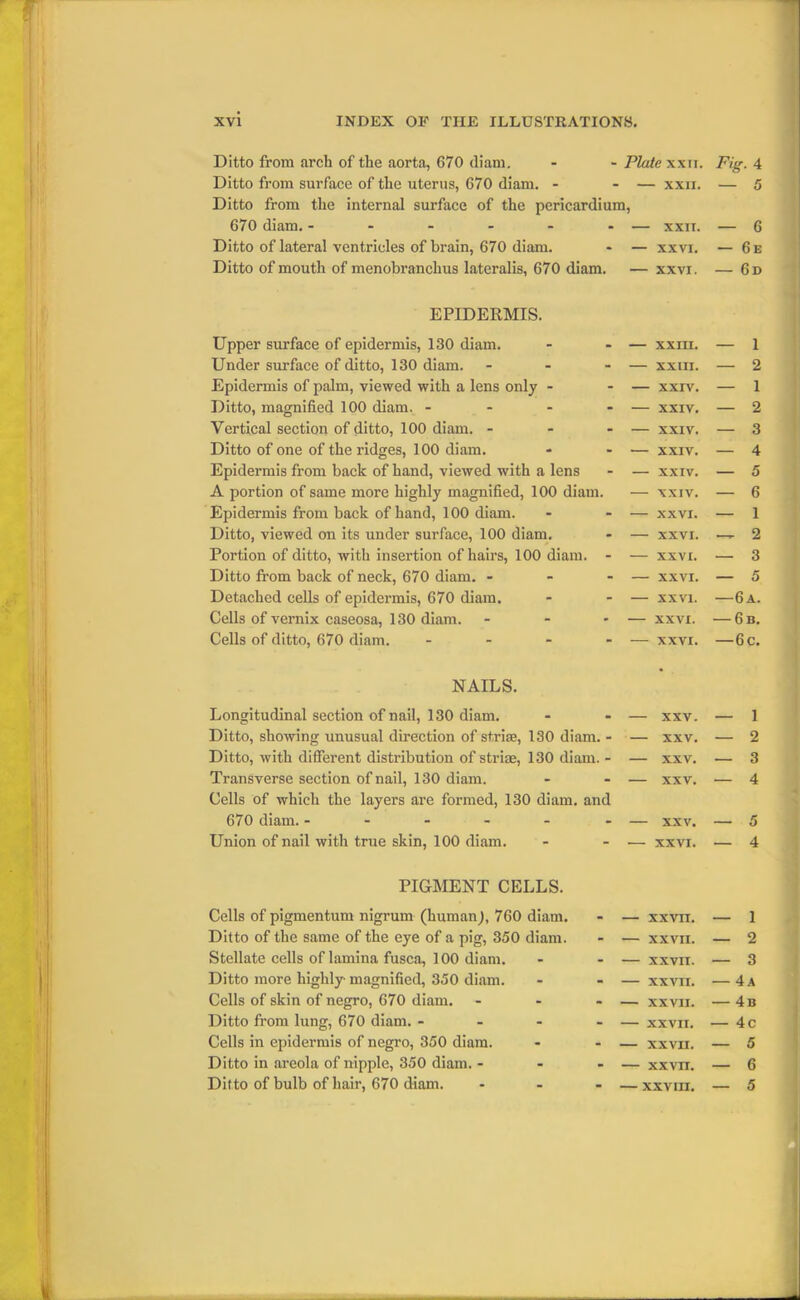 r XVI INDEX OF THE ILLUSTRATIONS. Ditto from arch of the aorta, 670 diam. - - Plate xxu. Ditto from surface of the uterus, 670 diam. - - — xxii. Ditto from the internal surface of the pericardium, 670 diam. - Ditto of lateral ventricles of brain, 670 diam. Ditto of mouth of menobranchus lateralis, 670 diam, Fig. 4 EPIDERMIS. Upper surface of epidermis, 130 diam. Under surface of ditto, 130 diam. Epidermis of palm, viewed with a lens only - Ditto, magnified 100 diam. - Vertical section of ditto, 100 diam. - Ditto of one of the ridges, 100 diam. Epidermis from back of hand, viewed with a lens A portion of same more highly magnified, 100 diam. Epidermis from back of hand, 100 diam. Ditto, viewed on its under surface, 100 diam. Portion of ditto, with insertion of hairs, 100 diam. Ditto from back of neck, 670 diam. - Detached cells of epidermis, 670 diam. Cells of vernix caseosa, 130 diam. Cells of ditto, 670 diam. ... NAILS. Longitudinal section of nail, 130 diam. Ditto, showing unusual direction of striae, 130 diam. - Ditto, with different distribution of striae, 130 diam. - Transverse section of nail, 130 diam. Cells of which the layers are formed, 130 diam. and 670 diam. - Union of nail with true skin, 100 diam. — XXII. — 6 — XXVI. — 6e - XXVI. — 6d XXIII. — 1 — XXIII. — 2 — XXIV. — 1 — XXIV. — 2 — XXIV. — 3 — XXIV. — 4 — XXIV. — 5 — XXIV. — 6 — XXVI. — 1 — XXVI. — 2 — XXVI. — 3 — XXVI. — 5 — XXVI. —6a. — XXVI. M CD 1 XXVI. —6c. XXV. — 1 — XXV. — 2 — XXV. — 3 — XXV. — 4 — XXV. — 5 — XXVI. — 4 PIGMENT CELLS. Cells of pigmentum nigrum (humanj, 760 diam. Ditto of the same of the eye of a pig, 350 diam. Stellate cells of lamina fusca, 100 diam. Ditto more highly magnified, 350 diam. Cells of skin of negro, 670 diam. Ditto from lung, 670 diam. - - - Cells in epidermis of negro, 350 diam. Ditto in areola of nipple, 350 diam. - Ditto of bulb of hair, 670 diam. — xxvn. — 1 — XXVII. — 2 XXVII. — 3 — xxvii. — 4 a XXVII. — 4b XXVII. — 4c — xxvn. — 5 XXVII. — 6 XXVIII. — 5 *