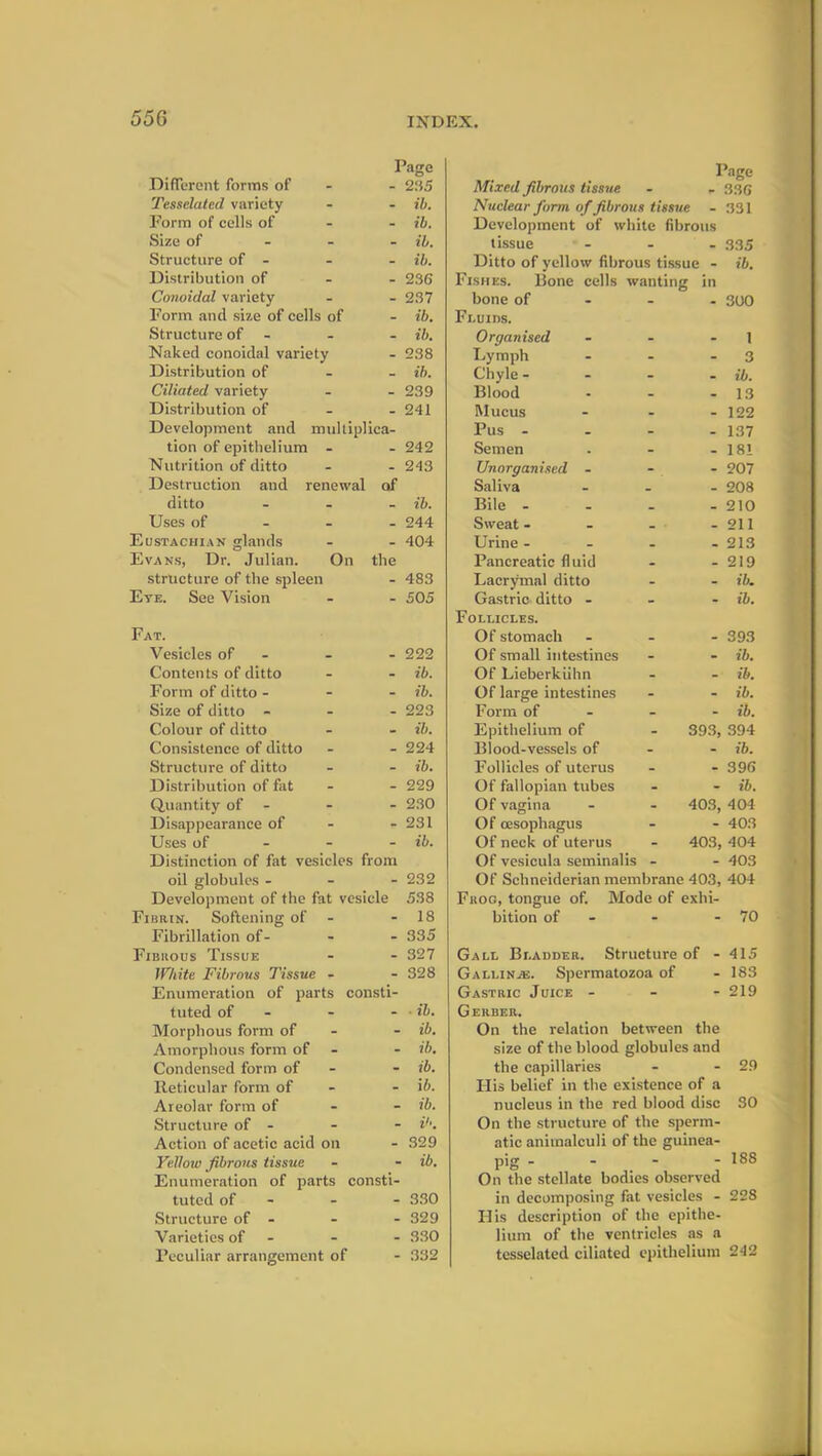 Page Page Different forms of 2 35 Mixed fibrous tissue - 336 Tesselated variety - ib. Nuclear form of fibrous tissue - 331 Form of cells of - ib. Development of white fibrous Size of - ib. tissue - 335 Structure of - - ib. Ditto of yellow fibrous tissue - ib. Distribution of - 236 Fishes. Bone cells wanting in Conoidal variety - 237 bone of - 300 Form and size of cells of - ib. Fluids. Structure of - - ib. Organised 1 Naked conoidal variety - 238 Lymph - 3 Distribution of - ib. Chyle - - ib. Ciliated variety - 239 Blood - 13 Distribution of - 241 Mucus - 122 Development and multiplica- Pus - - 137 tion of epithelium - - 242 Semen - 181 Nutrition of ditto - 243 Unorganised - - 207 Destruction and renewal of Saliva - 208 ditto - ib. Bile - - 210 Uses of - 244 Sweat - - 211 Eustachian glands - 404 Urine - - 213 Evans, Dr. Julian. On the Pancreatic fluid - 219 structure of the spleen - 483 Lacrymal ditto - - ib. Eye. See Vision - 505 Gastric ditto - - ib. Follicles. Fat. Of stomach - 393 Vesicles of - - 222 Of small intestines - ib. Contents of ditto - ib. Of Lieberkiihn - ib. Form of ditto - - ib. Of large intestines - ib. Size of ditto - - 223 Form of - - ib. Colour of ditto - ib. Epithelium of 393, 394 Consistence of ditto - 224 Blood-vessels of ib. Structure of ditto - ib. Follicles of uterus - 396 Distribution of fat - 229 Of fallopian tubes - - ib. Quantity of - - 230 Of vagina 403, 404 Disappearance of - 231 Of oesophagus - 403 Uses of - - - ib. Of neck of uterus 403, 404 Distinction of fat vesicles from Of vesicula seminalis - 403 oil globules - - 232 Of Schneiderian membrane 403, 404 Development of the fat vesicle 538 Fiiog, tongue of. Mode of exhi- Fibrin. Softening of - 18 bition of - 70 Fibrillation of- - 33 5 Fibuous Tissue - 327 Gall Bladder. Structure of - 415 White Fibrous Tissue - - 328 Gallinje. Spermatozoa of - 183 Enumeration of parts consti- Gastric Juice - - 219 tuted of - - • ib. Gerber. Morphous form of - ib. On the relation between the Amorphous form of - ib. size of the blood globules and Condensed form of - ib. the capillaries - 29 Reticular form of . i b. His belief in the existence of a Areolar form of - ib. nucleus in the red blood disc 30 Structure of - - i1'. On the structure of the sperm- Action of acetic acid on - 329 atic animalculi of the guinea- Yellow fibrous tissue - ib. pig - - 188 Enumeration of parts consti- On the stellate bodies observed tuted of - - 330 in decomposing fat vesicles - 228 Structure of - . 329 His description of the epithe- Varieties of - _ 330 lium of the ventricles as a Peculiar arrangement of - 332 tesselated ciliated epithelium 242