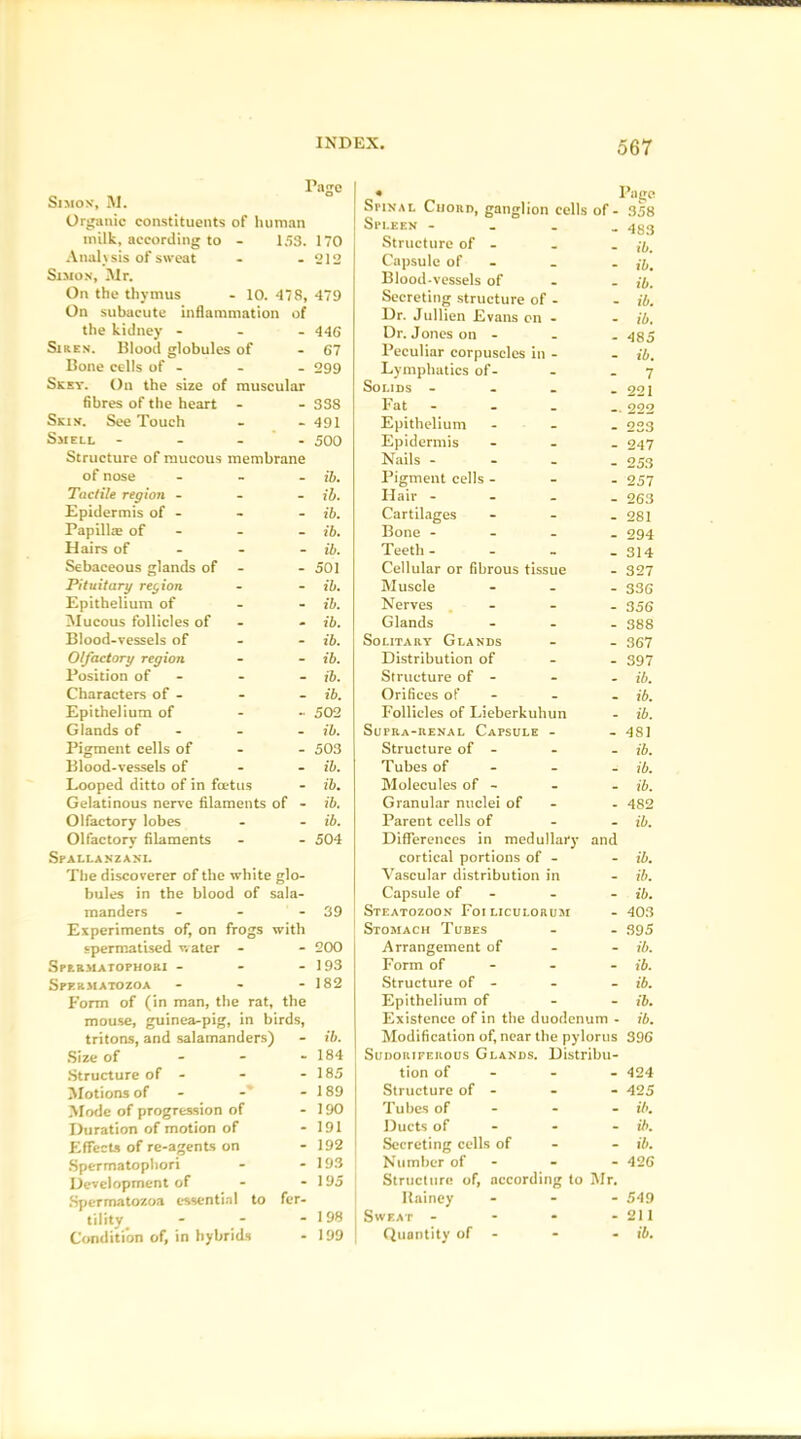 Simon, M. Page • Spinal Chord, ganjrlion cells of- ’age 358 Organic constituents of human Spleen - m 483 nnlk, according to - 153. 170 Structure of - ib. Analy sis of sweat - 212 Capsule of _ _ ib. Simon, Mr. Blood-vessels of ib. On the thymus - 10. 478, 479 Secreting structure of _ ib. On subacute inflammation of Dr. Jullien Evans on ib. the kidney - - 446 Dr. Jones on - _ 485 Siren. Blood globules of - 67 Peculiar corpuscles in _ _ ib. Bone cells of - - 299 Lymphatics of- 7 Skey. On the size of muscular Solids - _ 221 fibres of the heart - - 338 Fat 222 Skin. See Touch - 491 Epithelium _ _ 233 Smell - - 500 Epidermis _ _ 247 Structure of raucous membrane Nails - _ 253 of nose - ib. Pigment cells - - _ 257 Tactile region - - ib. Hair - - _ 263 Epidermis of - - ib. Cartilages - _ 281 Papillae of - - ib. Bone - _ _ 294 Hairs of - - ib. Teeth - _ 314 Sebaceous glands of - 501 Cellular or fibrous tissue _ 327 Pituitary region - ib. Muscle _ _ 336 Epithelium of - ib. Nerves - _ 356 Mucous follicles of - ib. Glands _ _ 388 Blood-vessels of - ib. Solitary Glands _ _ 367 Olfactory region - ib. Distribution of - - 397 Position of - - ib. Structure of - - _ ib. Characters of - _ ib. Orifices of _ _ ib. Epithelium of .. 502 Follicles of Lieberkuhun _ ib. Glands of - - ib. SuFRA-RENAL CaFSULE _ 481 Pigment cells of - 503 Structure of - . _ ib. Blood-vessels of _ ib. Tubes of _ ib. Looped ditto of in foetus - ib. Molecules of - - _ ib. Gelatinous nerve filaments of - ib. Granular nuclei of - _ 482 Olfactory lobes - ib. Parent cells of - - ib. Olfactory filaments - 504 Differences in medullary and Spallanzani. cortical portions of - - ib. The discoverer of the white glo- Vascular distribution in _ ib. bules in the blood of sala- Capsule of - - ib. manders - 39 Steatozoon Foiliculorum . 403 Experiments of, on frogs with Stomach Tubes - - 395 spermatised water - - 200 Arrangement of - - ib. Sprrmatophori - - 193 Form of - - ib. Spermatozoa - 182 Structure of - - - ib. Form of (in man, the rat the Epithelium of - - ib. mouse, guinea-pig, in birds, Existence of in the duodenum - ib. tritons, and salamanders) ib. Modification of, near the pylorus 396 Size of 184 Sudoriferous Glands. Distribu- Structure of - 185 tion of - - 424 Motions of 189 Structure of - - - 425 Mode of progression of 190 Tubes of * - ib. Duration of motion of 191 Ducts of - - ib. Effects of re-agents on 192 Secreting cells of - - ib. Spermatophori 193 Number of “ - 426 Development of 195 Structure of, according to Mr. Spermatozoa essential to fer- Itainey - - 549 tility _ 198 Sweat - • - 211 Condition of, in hybrids