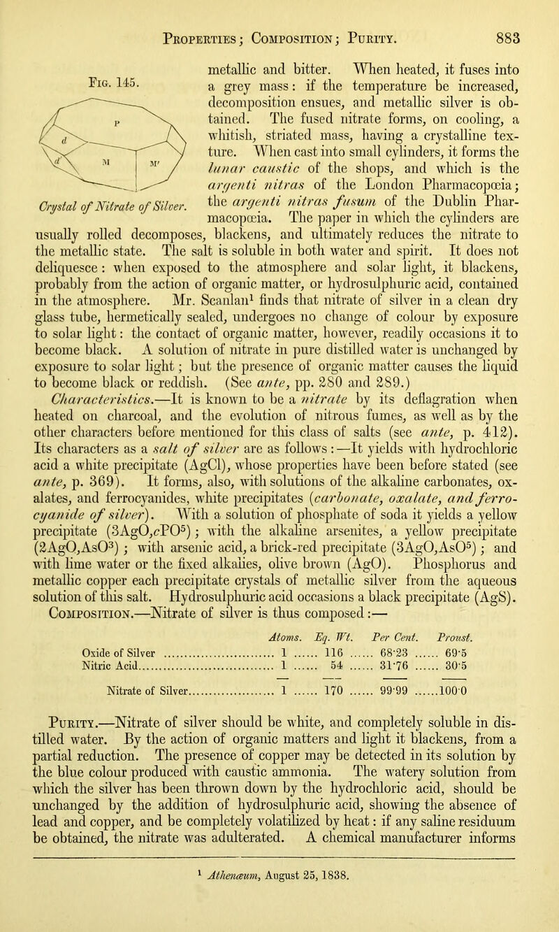 metallic and bitter. When heated, it fuses into a grey mass: if the temperature be increased, decomposition ensues, and metallic silver is ob- tained. The fused nitrate forms, on cooling, a whitish, striated mass, having a crystalline tex- ture. When cast into small cylinders, it forms the lunar caustic of the shops, and which is the argenti nitras of the London Pharmacopoeia; the argenti nitras fusum of the Dublin Phar- macopoeia. The paper in which the cylinders are usually rolled decomposes, blackens, and ultimately reduces the nitrate to the metallic state. The salt is soluble in both water and spirit. It does not deliquesce: when exposed to the atmosphere and solar light, it blackens, probably from the action of organic matter, or hydrosulphuric acid, contained in the atmosphere. Mr. Scanlan1 finds that nitrate of silver in a clean dry glass tube, hermetically sealed, undergoes no change of colour by exposure to solar light: the contact of organic matter, however, readily occasions it to become black. A solution of nitrate in pure distilled water is unchanged by exposure to solar light; but the presence of organic matter causes the liquid to become black or reddish. (See ante, pp. 280 and 289.) Characteristics.—It is known to be a nitrate by its deflagration when heated on charcoal, and the evolution of nitrous fumes, as well as by the other characters before mentioned for this class of salts (see ante, p. 412). Its characters as a salt of silver are as follows : —It yields with hydrochloric acid a white precipitate (AgCl), whose properties have been before stated (see ante, p. 369). It forms, also, with solutions of the alkaline carbonates, ox- alates, and ferrocyanides, white precipitates (carbonate, oxalate, and ferro- cyanide of silver). With a solution of phosphate of soda it yields a yellow precipitate (3Ag0,cP05); with the alkaline arsenites, a yellow precipitate (2Ag0,As03) ; with arsenic acid, a brick-red precipitate (3Ag0,As05); and with lime water or the fixed alkalies, olive brown (AgO). Phosphorus and metallic copper each precipitate crystals of metallic silver from the aqueous solution of this salt. Hydrosulphuric acid occasions a black precipitate (AgS). Composition.—Nitrate of silver is thus composed:— Atoms. Eq. Wt. Per Cent. Proust. Oxide of Silver 1 ... ... 116 ... ... 68-23 ... ... 69-5 Nitric Acid 1 .... ... 54 ... ... 31-76 ... ... 30-5 Nitrate of Silver 1 ... ... 170 ... ... 99-99 ... ...1000 Purity.—Nitrate of silver should be white, and completely soluble in dis- tilled water. By the action of organic matters and light it blackens, from a partial reduction. The presence of copper may be detected in its solution by the blue colour produced with caustic ammonia. The watery solution from which the silver has been thrown down by the hydrochloric acid, should be unchanged by the addition of hydrosulphuric acid, showing the absence of lead and copper, and be completely volatilized by heat: if any saline residuum be obtained, the nitrate was adulterated. A chemical manufacturer informs Fig. 145. Crystal of Nitrate of Sitoer. 1 Athenaeum, August 25, 1838.
