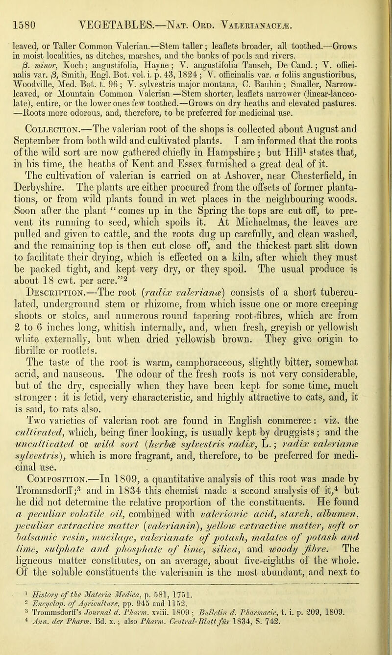 leaved, or Taller Common Valerian.—Stem taller; leaflets broader, all toothed.—Grows in moist localities, as ditches, marshes, and the banks of poc Is and rivers. j8. minor, Koch; angustifolia, Ilayne; V. angustifolia Tausch, De Cand.; V. offici- nalis var. /3, Smith, Engl. Bot. vol. i. p. 43,1824 ; V. officinalis var. a foliis angustioribus, Woodville, Med. Bot. t. 96 ; V. sylvestris major montana, C. Bauhin; Smaller, Narrow- leaved, or Mountain Common Valerian —Stem shorter, leaflets narrower (linear-lanceo- late), entire, or the lower ones few toothed.—Grows on dry heaths and elevated pastures. —Boots more odorous, and, therefore, to be preferred for medicinal use. Collection.—The valerian root of the shops is collected about August and September from both wild and cultivated plants. I am informed that the roots of the wild sort are now gathered chiefly in Hampshire; but Hill1 states that, in his time, the heaths of Kent and Essex furnished a great deal of it. The cultivation of valerian is carried on at Ashover, near Chesterfield, in Derbyshire. The plants are either procured from the offsets of former planta- tions, or from wild plants found in wet places in the neighbouring woods. Soon after the plant “comes up in the Spring the tops are cut off, to pre- vent its running to seed, which spoils it. At Michaelmas, the leaves are pulled and given to cattle, and the roots dug up carefully, and clean washed, and the remaining top is then cut close off, and the thickest part slit down to facilitate their drying, which is effected on a kiln, after which they must be packed tight, and kept very dry, or they spoil. The usual produce is about 18 cwt. per acre.”2 Description.—The root (radix valerians) consists of a short tubercu- lated, underground stem or rhizome, from which issue one or more creeping shoots or stoles, and numerous round tapering root-fibres, which are from 2 to 6 inches long, whitish internally, and, when fresh, greyish or yellowish white externally, but when dried yellowish brown. They give origin to fibrillse or rootlets. The taste of the root is warm, camphoraceous, slightly bitter, somewhat acrid, and nauseous. The odour of the fresh roots is not very considerable, but of the dry, especially when they have been kept for some time, much stronger : it is fetid, very characteristic, and highly attractive to cats, and, it is said, to rats also. Two varieties of valerian root are found in English commerce : viz. the cultivated, which, being finer looking, is usually kept by druggists; and the uncultivated or wild sort (herha; sylvestris radix, L.; radix valeriance sylvestris), which is more fragrant, and, therefore, to be preferred for medi- cinal use. Composition.—In 1 809, a quantitative analysis of this root was made by Trommsdorff;3 and in 1834 this chemist made a second analysis of it,4 but he did not determine the relative proportion of the constituents. He found a peculiar volatile oil, combined with valerianic acid, starch, albumen, peculiar extractive matter (valerianin), yellow extractive matter, soft or balsamic resin, mucilage, valerianate of potash, malates of potash and lime, sulphate and phosphate of lime, silica, and woody fibre. The ligneous matter constitutes, on an average, about five-eighths of the whole. Of the soluble constituents the valerianin is the most abundant, and next to 1 History of the Materia Medica, p. 581, 1751. 2 Encyclop. of Agriculture, pp. 945 and 1152. 3 Tromrasdorff’s Journal d. Pharm. xviii. 1809 ; Bulletin d. Pharmacia, t. i. p. 209, 1809. 4 Ann. der Pharm. Bd. x.; also Pharm. Central-Blatt fur 1834, S. 742.