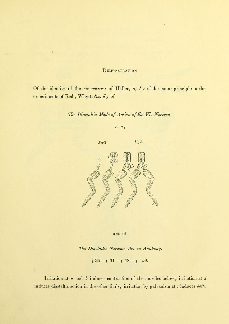 Demonstration Of the identity of the vis nervosa of Haller, a, b ; of the motor principle in the experiments of Redi, Whytt, &c. d; of The Diastaltic Mode of Action of the Vis Nervosa, c, c j Fiy 2 and of The Diastaltic Nervous Arc in Anatomy. § 36—; 41—; 48—; 159. Irritation at a and b induces contraction of the muscles below; irritation at d induces diastaltic action in the other limb ; irritation by galvanism at c induces both.