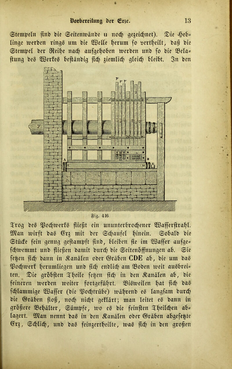 (Stempeln ftnb bie (Seitentoänbe u noch gezeichnet). £)ie <§eb= Itngc derben ringg um btc 2Befte ^ermn fo oertheilt, baß bie (Stempel ber Oleine nach aufgehoben derben unb fo bie S8ela= ftung beg SBerfeg beftänbig ftch gtemltc^ gleich bleibt. 3n ben £rog beg ^otfünerlg fließt ein ununterbrochener SOBafferfirahl. 9ftan nrirft bag ©r$ mit ber (Schaufel hinein. (Sobalb bie (Stücfe fein genug geftambft ftnb, bleiben fte im ^Baffer aufge* fchivemmt unb fließen bantit burch bie (Seitenöffnungen ab. Ste fe|en ftch bann in Kanälen ober ©reiben CDE ab, bie um bag ^lochirerf herumliegen unb ftet; enblicß am SSoben meit augbrei* ten. $>ie grobften £hetfe felen ft<h in- ben Kanälen ab, bie feineren Serben meiter fortgeführt. SBtgfreilen h^ ft<h bag fchlammige 2Baffer (bie $ochtrübe) mäh*enb eg langfant burch bie ©räben floß, noch nicht geftärt5 man leitet eg bann in größere SBehälter, Süntlpfe, tvo eg bie feinften S'heilchen ab- lagert. 9Ran nennt bag in ben Kanälen ober ©räben abgefeimte ©rj, Schlich, unb bag feinjertheilte, frag ftch in bett großen