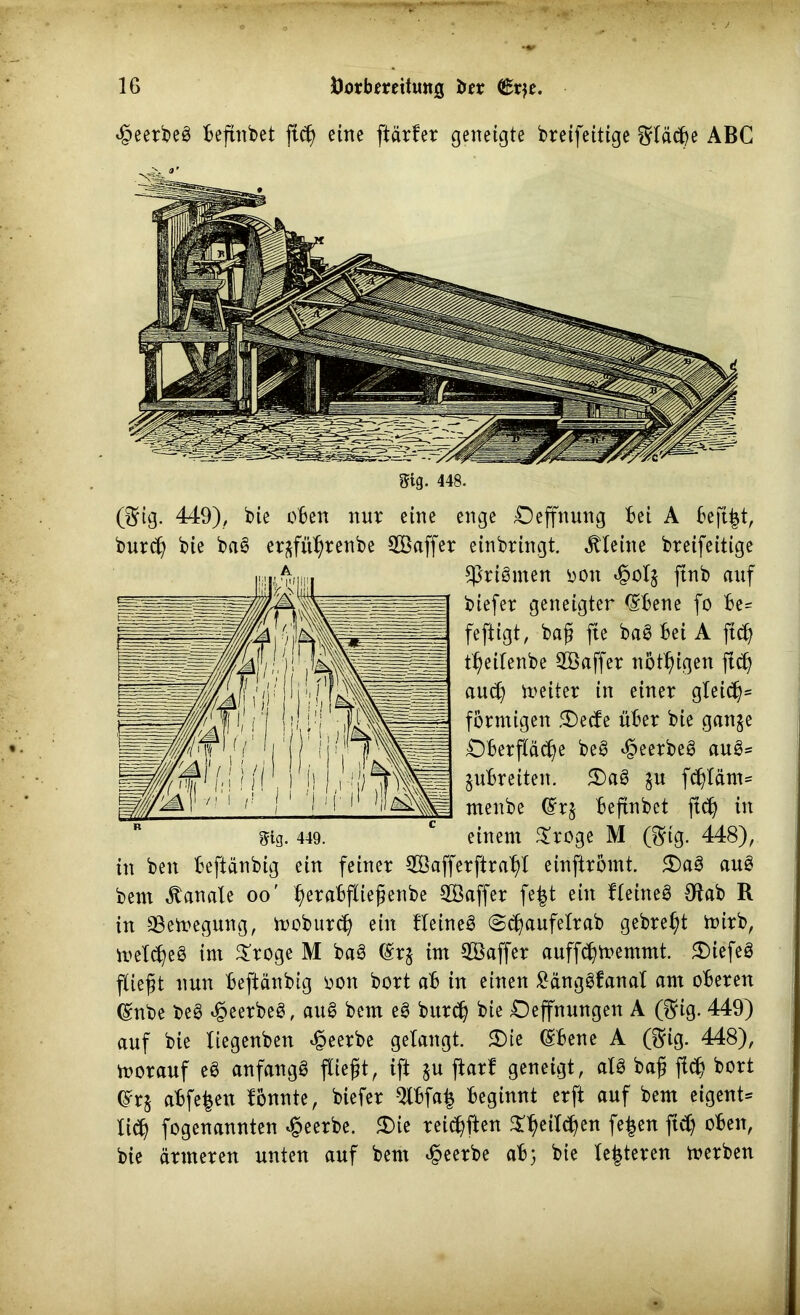 4?eerbe0 Befindet fid) eine ftärfer geneigte breifeitige ^rlädje ABC 5ig. 448. (ISrig. 449), bie oben nur eine enge Oeffnung bei A beft|t, burdj bie bab er$fitl)renbe SBaffer einbringt, kleine breifeitige Ertönten oon ^olj ftnb auf biefer geneigter (Sbene fo be= feftigt, baß fte ba0 bei A ftdj t^eilenbe QBaffer nötigen ftdj aud) weiter in einer gleich förmigen SDecfe über bie ganje £)berfläd)e be£ $eerbe0 au0= jubreiten. 2)ab $u fdjläm* menbe (£r£ beftnbet ftd^ in einem Sroge M ($% 448), in ben beftänbig ein feiner 2Öafferftral)l einftrömt. $)a8 aub bem banale oo' l)erabfließenbe SSaffer fefct ein fleineb #tab R in «Belegung, moburd? ein fleineS (Sdjaufelrab gebretyt mirb, toeldjeS im $roge M ba£ (Sr§ im 2Baffer auffdjfremmt. 5Diefe3 fließt nun beftänbig oon bort ab in einen £äng0fanal am oberen (gnbe beö ^eerbeS, aug bem eg bttrdj bie Oeffnungen A ($ig. 449) auf bie liegenben beerbe gelangt. «Die (Sbene A ($ig. 448), morauf eg anfangs fließt, ift ju ftarf geneigt, alg baß fid) bort (Jrj abfe|en tönnte, biefer 9lbfa$ beginnt erft auf bem eigent* ließ fogenannten beerbe. «Die reichten ^eilc^en fe£en ftd) oben, bie ärmeren unten auf bem beerbe ab} bie legieren merben
