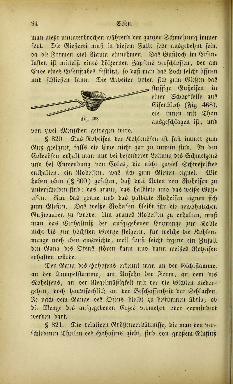man gießt ununterbrochen mä^renb ber gangen (Scßmelgung immer fort. 3)ie ©ießerei muß in biefent Tratte fefm auögebe^nt fein, ba bie formen oiel Otaunt einnehmen. 2)ag ©ußtoch im (Sifen* faßten ift mittelft eineg ^olgernen 3flbfen3 berfchloffen, ber am ©nbe eineg ©ifenftabeg feftft^t, fo baß man bag £ocß leicht öffnen nnb fcßlteßen fann. 2)ie Arbeiter f)den ftch gum ©ießen bag oon gmet SDlenfcben getragen mirb. § 820. 5£)ag Otoheifen ber Jtofyfenöfen ift faft immer gum ©uß geeignet, falfg bie ©rge nicht gar gu unrein ftnb. Sn ben ©ofegöfett erhält man nur bei befonberer Leitung beg @d)melgeng unb bei Qtnmenbung bon ©ofeg, bie nicht gubiel (Schmefelfteg enthalten, ein Otoheifen, mag fieß gum ©ießen eignet. 2Bir haben oben (§ 800) gefeiert, baß brei Qfrten bort Otof)eifen gu unterfdjeiben ftnb: bag graue, bag fmlbirte unb bag meiße ©uß= eifen. 9iur bag graue unb bag fmlbirte Otot;eifen eignen ftch gum ©ießen. 2)ag meiße Ofoheifeit bleibt für bie gemöhnlichen ©ußmaaren gu fyröbe. Hm graueg Otot)eifen gu erhalten, muß man bag SSerhältniß ber aufgegebenen ©rgmenge gur stöhle nicht big gur hofften ©renge fteigern, für metd)e bie hofften* menge noch eben augrei^te, mcit fonft leicht irgenb ein ßufall ben ©ang beg £)feng ftören fann unb bann meißeg Oto^eifen erhalten mürbe. £)en ©ang beg <§of>ofeng erfennt man an ber ©ichtftamme, an ber £ünt:pelflamme, am Qtnfehn ber $orm, an bem beg Oto^eifeng, an ber dtegelmäßigfeit mit ber bie ©idjten nieber- gehen, boct) f)aubtfä(f)Iid; an ber 23efd)affenf>eit ber ©chlacfen. 3e nach bem ©ange beg Ofeng bleibt gu beftimmen übrig, ob bie äftenge beg aufgegebenen ©rgeg bermel;rt ober berminbert merben barf. § 821. £>ie relativen ©rößenberhältniffe, bie man ben ber* fcfyiebenen ^^eilen beg ^o^ofeng giebt, ftnb bon großem ©influß gig. 468 flüfftge ©uß eifen in einer Schöbffetle aug ©ifenblecf) (gig. 468), bie innen mit $f>on auggeftßlagen ift, unb