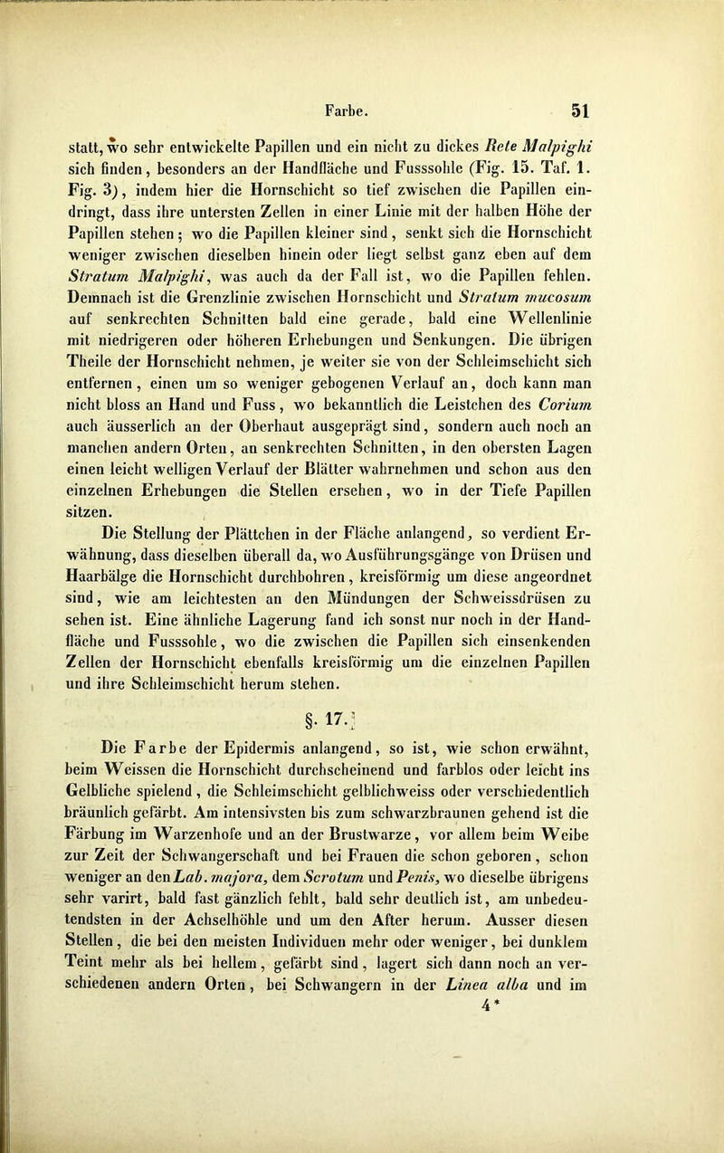 statt, wo sehr entwickelte Papillen und ein nicht zu dickes Rete Malpighi sich finden, besonders an der Handfläche und Fusssohle (Fig. 15. Taf. 1. Fig. 3), indem hier die Hornschicht so tief zwischen die Papillen ein- dringt, dass ihre untersten Zellen in einer Linie mit der halben Höhe der Papillen stehen ; wo die Papillen kleiner sind , senkt sich die Hornschicht weniger zwischen dieselben hinein oder liegt selbst ganz eben auf dem Stratum Malpighi, was auch da der Fall ist, wo die Papillen fehlen. Demnach ist die Grenzlinie zwischen Hornschicht und Stratum mucosum auf senkrechten Schnitten bald eine gerade, bald eine Wellenlinie mit niedrigeren oder höheren Erhebungen und Senkungen. Die übrigen Theile der Hornschicht nehmen, je weiter sie von der Schleimschicht sich entfernen, einen um so weniger gebogenen Verlauf an, doch kann man nicht bloss an Hand und Fuss , wo bekanntlich die Leistchen des Corium auch äusserlich an der Oberhaut ausgeprägt sind, sondern auch noch an manchen andern Orten, an senkrechten Schnitten, in den obersten Lagen einen leicht welligen Verlauf der Blätter wahrnehmen und schon aus den einzelnen Erhebungen die Stellen ersehen, wo in der Tiefe Papillen sitzen. Die Stellung der Plättchen in der Fläche anlangend, so verdient Er- wähnung, dass dieselben überall da, wo Ausführungsgänge von Drüsen und Haarbälge die Hornschicht durchbohren, kreisförmig um diese angeordnet sind, wie am leichtesten an den Mündungen der Schweissdrüsen zu sehen ist. Eine ähnliche Lagerung fand ich sonst nur noch in der Hand- fläche und Fusssohle, wo die zwischen die Papillen sich einsenkenden Zellen der Hornschicht ebenfalls kreisförmig um die einzelnen Papillen und ihre Schleimschicht herum stehen. §. 17.} Die Farbe der Epidermis anlangend, so ist, wie schon erwähnt, beim Weissen die Hornschicht durchscheinend und farblos oder leicht ins Gelbliche spielend , die Schleimschicht gelblichweiss oder verschiedentlich bräunlich gefärbt. Am intensivsten bis zum schwarzhraunen gehend ist die Färbung im Warzenhofe und an der Brustwarze, vor allem beim Weibe zur Zeit der Schwangerschaft und bei Frauen die schon geboren, schon weniger an den Lab. majora, dem Scrotum und Penis, wo dieselbe übrigens sehr varirt, bald fast gänzlich fehlt, bald sehr deutlich ist, am unbedeu- tendsten in der Achselhöhle und um den After herum. Ausser diesen Stellen, die bei den meisten Individuen mehr oder weniger, bei dunklem Teint mehr als bei hellem, gefärbt sind, lagert sich dann noch an ver- schiedenen andern Orten , bei Schwängern in der Linea alba und im 4*
