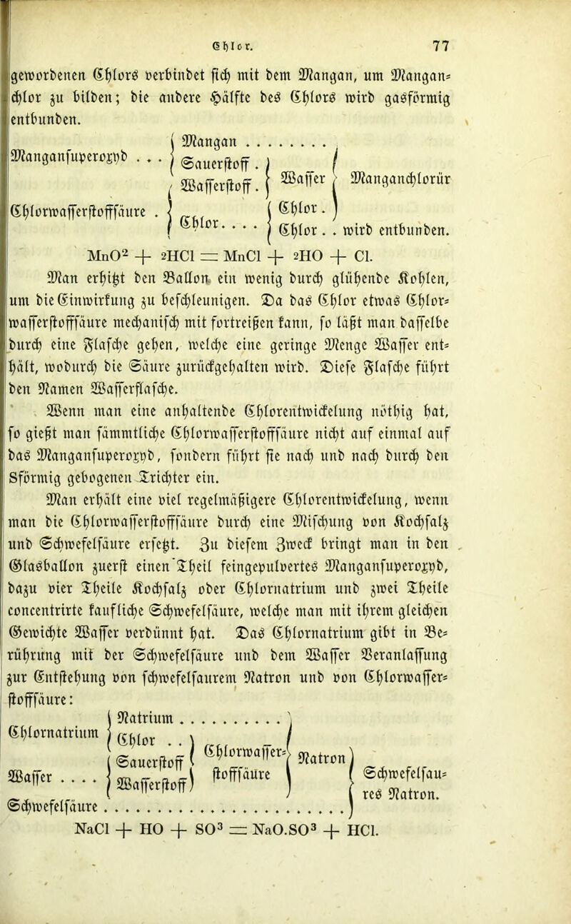 gcworbenett (S^ifcrö öevbtnbet mit bcm iWangan, um 33knganä ö)Ior p bitbcn; bie aubcvc Hälfte bcö (S^torö mivb gasförmig cntbunben. ( Sltangan a«anganfut5erojbi> ... @„uer)loff. ) / / SBafferjtoff. j 2«angand)Iorür (£f)(orwajferjtofffäurc . | ( • ) f * * ■ I S^Ior. . wirb entbunben. Mn02 + 2HC1 = MnCl + 2HO + CI. SWatt er^i^t bcn Salten, ein wenig bur($ glii^enbc £of)Ien, um bie Sinwirfung ju befi^teunigen. bab S^Ior etwaö ß^Ior= wafferflofffäure mec^anif(| mit füvtrei§en fann, fo tä^t man baffelbe bur<$ eine Stafi^e get)en, welche eine geringe iWenge SSajfer ent= ^att, wobnre^ bie Säure jurüdge^alten wirb. üDiefe gtafc^e fü{)rt ben 9?amen SBaffer^afi^e. 2Benn man eine an^attenbe £f)torentwicfetung netbig bat, fo gie§t man fämmtti(be Sbtorwafferftofffaure ni(^t auf einmal auf baö SWanganfuperoji^b, fonbern fuhrt fie nai^ unb na^ bur^ ben Sförmig gebogenen Üri^ter ein. SWan ei'bätt eine »iet regelmäßigere Sblorentwidetung, wenn man bie ßbloi^wajferjiofffänre burd) eine Stifebung »on Äo(bfatj unb SAwefetfäure erfeßt. 3u biefem ^vetd bringt man in ben , ©laöbatlon juerfi einen’Sb^it feinge^juloerteö SPtanganfuperof^b, baju »ier Xb^it^ Äo^fatj ober Sbtornatrium unb jwei Sbeil« concentrirte faufti^e S^wefelfäure, wet^e man mit ißrem gteicben ®ewid)te SBajfer oerbünnt bat. ®aö Sbtornatrium gibt in Se- rübrung mit ber Sdjwefetfäure unb bem SBaffer Seranlaffung pr Sntfiebung »on febwefetfaurem itiatron unb »on SbioTOaff^t* fiofffäure: l 9?atrium gblornatrium _ _ ( ©auerftoff j • • • • j 2Bafferftoff) S^wefetfäure NaCl + HO + S03 — Na0.S03 + HCl. fiofffäure S^wefclfau» reb iJiatron.