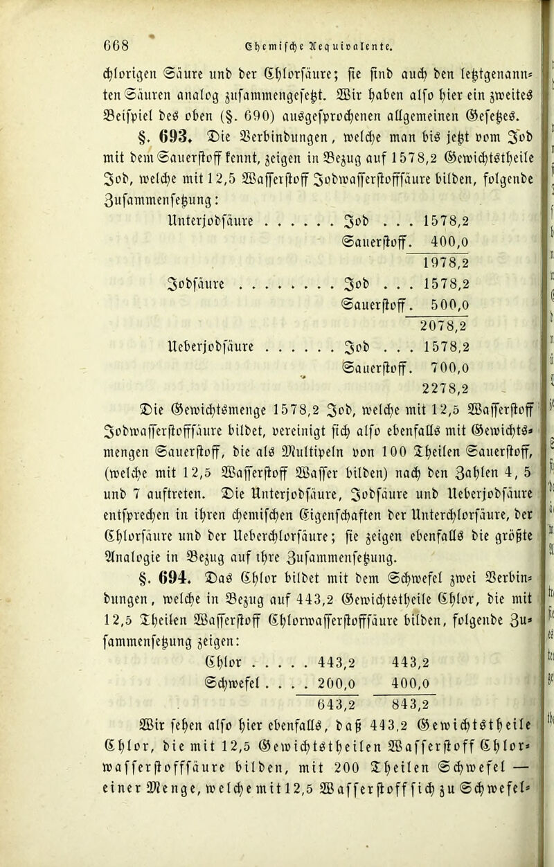 ^(origen Saure unb ber SI)Iorfäure; fie ftnb auA bcn le^tgenanu* ten Säuren analog ^ufaminengefe^t 2Bir ^aben alfo ^ier ein jtoeiteö Seifpiei beö oben (§. 690) auögefpro^enen allgemeinen ©efe^eö. §. 693, I)ie Sjerbinbungen, »eld}e man biö je^t »om 3'ob mit bemSauerftoff fennt, geigen inSejug auf 1578,2 ®ei»i(^tötf)eile 3ob, »eld)e mit 12,5 SBafferfioff 3ob»ajferjiofffäure bilben, folgenbc 3ufammenfe^ung: Unterjübfäiire 3t>b • • • 1578,2 Sauerjioff. 400,o 1978.2 3obfäure ........ 3ob . . . 1578,2 Sauerfioff. 500,0 2078.2 Ueberjobfäure 3^b . . . 1578,2 Sauerfioff. 700,0 2278.2 ®ie (Bemi^tömengc 1578,2 3t>b, meldje mit 12,5 SBafferfioff 3obwafferfiofffäure bilbet, oercinigt fiel) alfo ebenfatli^ mit ©emidjtöa mengen Sauerfioff, bie alö DJJuttipeln oon 100 J^eilen Sauerfioff, (wel^e mit 12,5 SBafferfioff SBaffer bilben) nac^ ben 4, 5 unb 7 auftreten. 2)ie ltnterjobfäure, 3o^fjii>^« uni* Ueberjobfäure entf))re^en in if)ren cl)emif(J)en ßigenfdjaften ber Unterd^Iorfäure, ber 61)lorfäure unb ber Ueberc^lorfäure; fie geigen ebenfaüö bie größte 5lnalogie in Segug auf tfjre 3ufammenfebung. §. 694, 2)aö S^lor bilbet mit bem Schwefel gmei SSerbin* bungen, »eld)e in Segiig auf 443,2 ®emid;tet{)eile ß^lor, bie mit 12,5 Steilen 2öafferfioff 6t)tormafferfiofffäure bilben, folgenbe Qu« fammenfe^ung geigen: 6t)lor 443,2 443,2 Sd;»efel .... 200,o 400,0 643,2 843,2 SBir feften alfo l)ier ebenfalls, baf 443,2 ®ewid)töt^eile 6l)lor, bie mit 12,5 ®emi^tötf)eiten SBafferfioff Sf)lor= mafferfiofffäure bilben, mit 200 Üfjeilen Sdjwefel — einer31fcnge,»el^emitl2,5 2Bafferfiofffid)guSd)mcfel= t II « ! t i l f! ii 1 I tti ft !!|