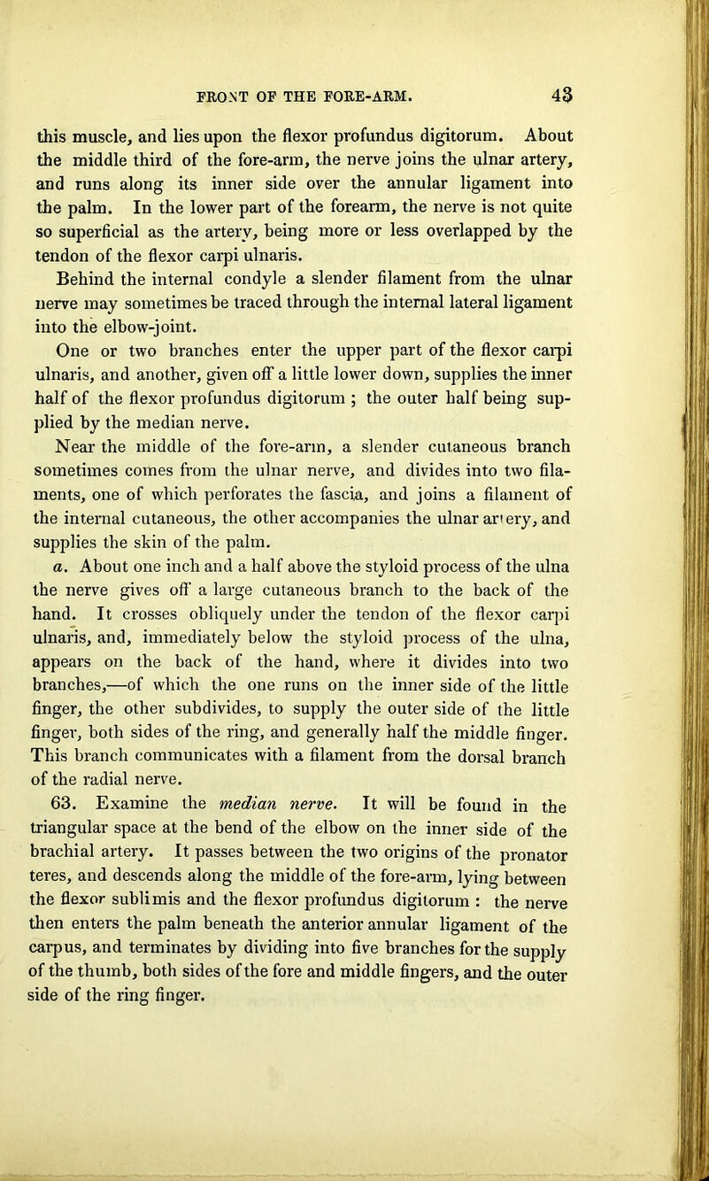 this muscle, and lies upon the flexor profundus digitorum. About the middle third of the fore-arm, the nerve joins the ulnar artery, and runs along its inner side over the annular ligament into the palm. In the lower part of the forearm, the nerve is not quite so superficial as the artery, being more or less overlapped by the tendon of the flexor carpi ulnaris. Behind the internal condyle a slender filament from the ulnar nerve may sometimes be traced through the internal lateral ligament into the elbow-joint. One or two branches enter the upper part of the flexor carpi ulnaris, and another, given off a little lower down, supplies the inner half of the flexor profundus digitorum ; the outer half being sup- plied by the median nerve. Near the middle of the fore-arin, a slender cutaneous branch sometimes comes from the ulnar nerve, and divides into two fila- ments, one of which perforates the fascia, and joins a filament of the internal cutaneous, the other accompanies the ulnar artery, and supplies the skin of the palm. a. About one inch and a half above the styloid process of the ulna the nerve gives off' a large cutaneous branch to the back of the hand. It crosses obliquely under the tendon of the flexor carpi ulnaris, and, immediately below the styloid process of the ulna, appears on the back of the hand, where it divides into two branches,—of which the one runs on the inner side of the little finger, the other subdivides, to supply the outer side of the little finger, both sides of the ring, and generally half the middle finger. This branch communicates with a filament from the dorsal branch of the radial nerve. 63. Examine the median nerve. It will be found in the triangular space at the bend of the elbow on the inner side of the brachial artery. It passes between the two origins of the pronator teres, and descends along the middle of the fore-arm, lying between the flexor sublimis and the flexor profundus digitorum : the nerve then enters the palm beneath the anterior annular ligament of the carpus, and terminates by dividing into five branches for the supply of the thumb, both sides of the fore and middle fingers, and the outer side of the ring finger.