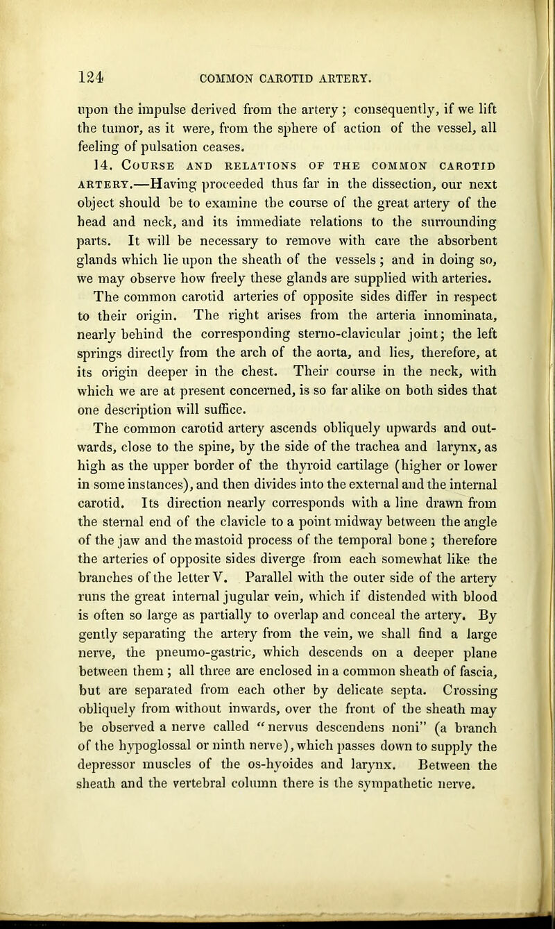 upon the impulse derived from the artery ; consequently, if we lift the tumor, as it were, from the sphere of action of the vessel, all feeling of pulsation ceases. 14. Course and relations of the common carotid artery.—Having proceeded thus far in the dissection, our next object should be to examine the course of the great artery of the head and neck, and its immediate relations to the surrounding parts. It will be necessary to remove with care the absorbent glands which lie upon the sheath of the vessels ; and in doing so, we may observe how freely these glands are supplied with arteries. The common carotid arteries of opposite sides differ in respect to their origin. The right arises from the arteria innominata, nearly behind the corresponding sterno-clavicular joint; the left springs directly from the arch of the aorta, and lies, therefore, at its origin deeper in the chest. Their course in the neck, with which we are at present concerned, is so far alike on both sides that one description will suffice. The common carotid artery ascends obliquely upwards and out- wards, close to the spine, by the side of the trachea and larynx, as high as the upper border of the thyroid cartilage (higher or lower in some instances), and then divides into the external and the internal carotid. Its direction nearly corresponds with a line drawn from the sternal end of the clavicle to a point midway between the angle of the jaw and the mastoid process of the temporal bone ; therefore the arteries of opposite sides diverge from each somewhat like the branches of the letter V. Parallel with the outer side of the artery runs the great internal jugular vein, which if distended with blood is often so large as partially to overlap and conceal the artery. By gently separating the artery from the vein, we shall find a large nerve, the pneumo-gastric, which descends on a deeper plane between them ; all three are enclosed in a common sheath of fascia, but are separated from each other by delicate septa. Crossing obliquely from without inwards, over the front of the sheath may be observed a nerve called “ nervus descendens noni” (a branch of the hypoglossal or ninth nerve), which passes down to supply the depressor muscles of the os-hyoides and larynx. Between the sheath and the vertebral column there is the sympathetic nerve.