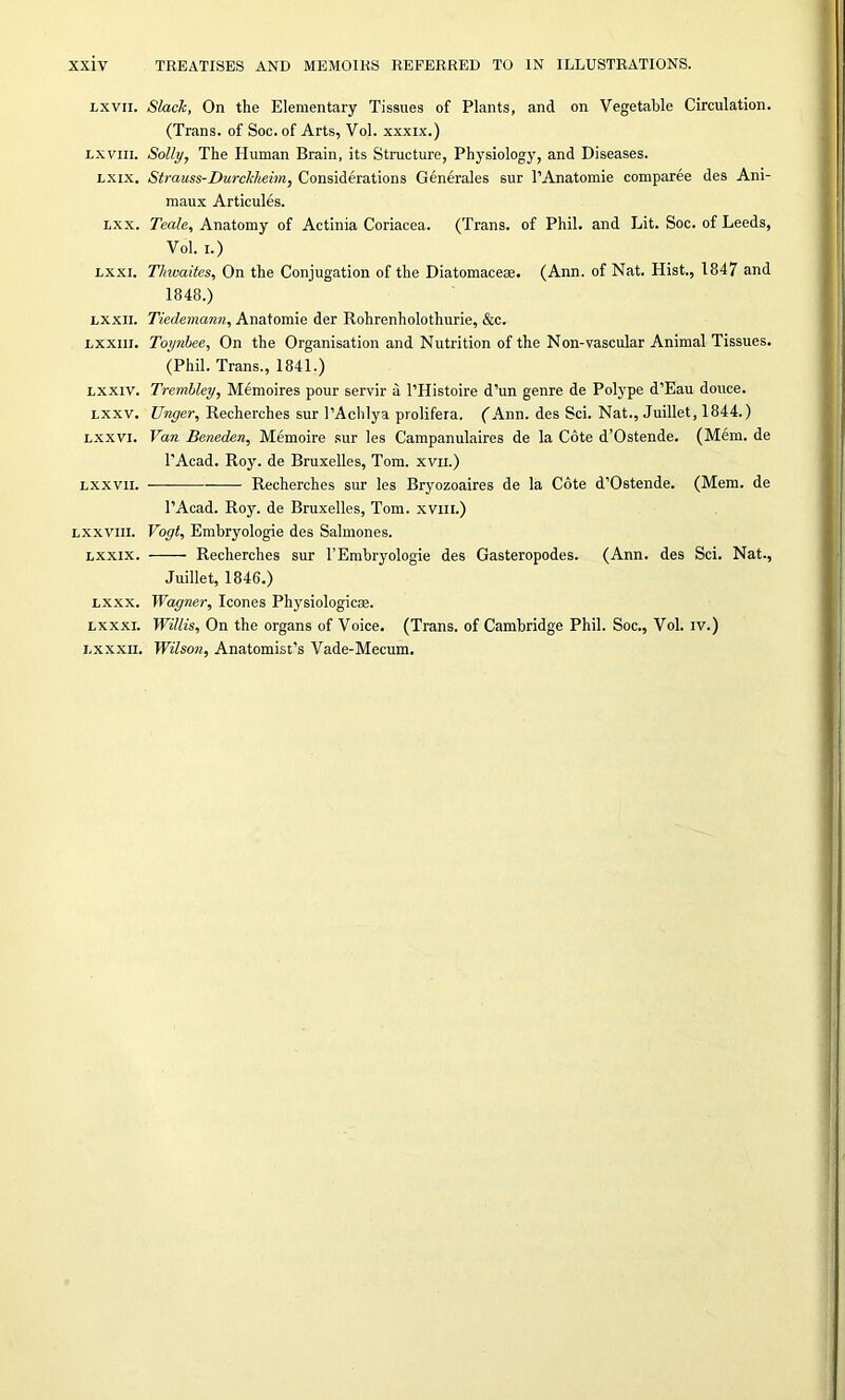 lxvii. Slack, On the Elementary Tissues of Plants, and on Vegetable Circulation. (Trans, of Soc. of Arts, Vol. xxxix.) lxviii. Solly, The Human Brain, its Structure, Physiology, and Diseases. lxix. Strauss-Durckheim, Considerations Generales sur l’Anatomie comparee des Ani- maux Articules. lxx. Teale, Anatomy of Actinia Coriacea. (Trans, of Phil, and Lit. Soc. of Leeds, Vol. i.) lxxi. Thwaites, On the Conjugation of the Diatomacese. (Ann. of Nat. Hist., 1847 and 1848.) lxxii. Tiedemann, Anatomie der Rohrenholothurie, &c. lxxiii. Toynbee, On the Organisation and Nutrition of the Non-vascular Animal Tissues. (Phil. Trans., 1841.) lxxiv. Trembley, Memoires pour servir a l’Histoire d’un genre de Polype d’Eau douce. lxxv. Unger, Reeherches sur lAchlya prolifera. (Ann. des Sci. Nat., Juillet, 1844.) lxxvi. Van Beneden, Memoire sur les Campanulaires de la Cote d’Ostende. (Mem. de l'Acad. Roy. de Bruxelles, Tom. xvii.) lxxvii. Reeherches sur les Bryozoaires de la Cote d’Ostende. (Mem. de l’Acad. Roy. de Bruxelles, Tom. xviii.) lxxviii. Vogt, Embryologie des Salmones. lxxix. Reeherches sur l’Embryologie des Gasteropodes. (Ann. des Sci. Nat., Juillet, 1846.) lxxx. Wagner, leones Physiologic®. lxxxi. Willis, On the organs of Voice. (Trans, of Cambridge Phil. Soc., Vol. iv.) lxxxii. Wilson, Anatomist’s Vade-Mecum.