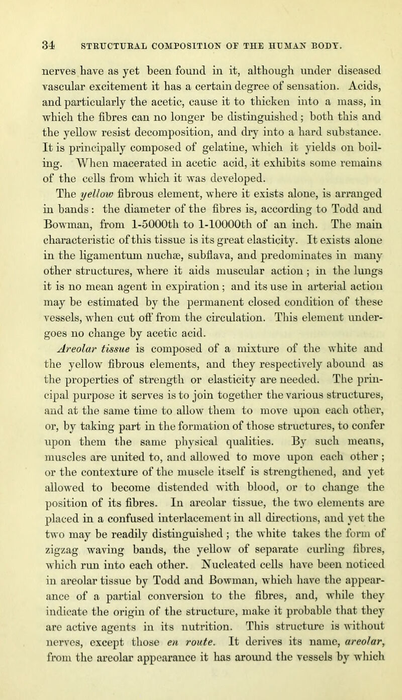 nerves have as yet been found in it, although under diseased vascular excitement it has a certain degree of sensation. Acids, and particularly the acetic, cause it to thicken into a mass, in which the fibres can no longer be distinguished; both this and the yellow resist decomposition, and dry into a hard substance. It is principally composed of gelatine, which it yields on boil- ing. When macerated in acetic acid, it exhibits some remains of the cells from which it was developed. The yellow fibrous element, where it exists alone, is arranged in hands : the diameter of the fibres is, according to Todd and Bowman, from l-5000th to l-10000th of an inch. The main characteristic of this tissue is its great elasticity. It exists alone in the Ugamentuin nucha;, subflava, and predominates in many other structures, where it aids muscular action ; in the lungs it is no mean agent in expiration; and its use in arterial action may be estimated by the permanent closed condition of these vessels, when cut oft' from the circulation. This element under- goes no change by acetic acid. Areolar tissue is composed of a mixture of the white and the yellow fibrous elements, and they respectively abound as the properties of strength or elasticity are needed. The prin- cipal purpose it serves is to join together the various structures, and at the same time to allow them to move upon each other, or, by taking part in the formation of those structures, to confer upon them the same physical qualities. By such means, muscles are imited to, and allowed to move upon each other ; or the contexture of the muscle itself is strengthened, and yet allowed to become distended with blood, or to change the position of its fibres. In areolar tissue, the two elements are placed in a confused interlacement in all directions, and yet the two may be readily distinguished ; the white takes the form of zigzag waving bands, the yellow of separate curling fibres, which run into each other. Nucleated cells have been noticed in areolar tissue by Todd and Bowman, which have the appear- ance of a partial conversion to the fibres, and, while they indicate the origin of the structure, make it probable that they are active agents in its nutrition. This structure is without nerves, except those en route. It derives its name, areolar, from the areolar appearance it has around the vessels by which