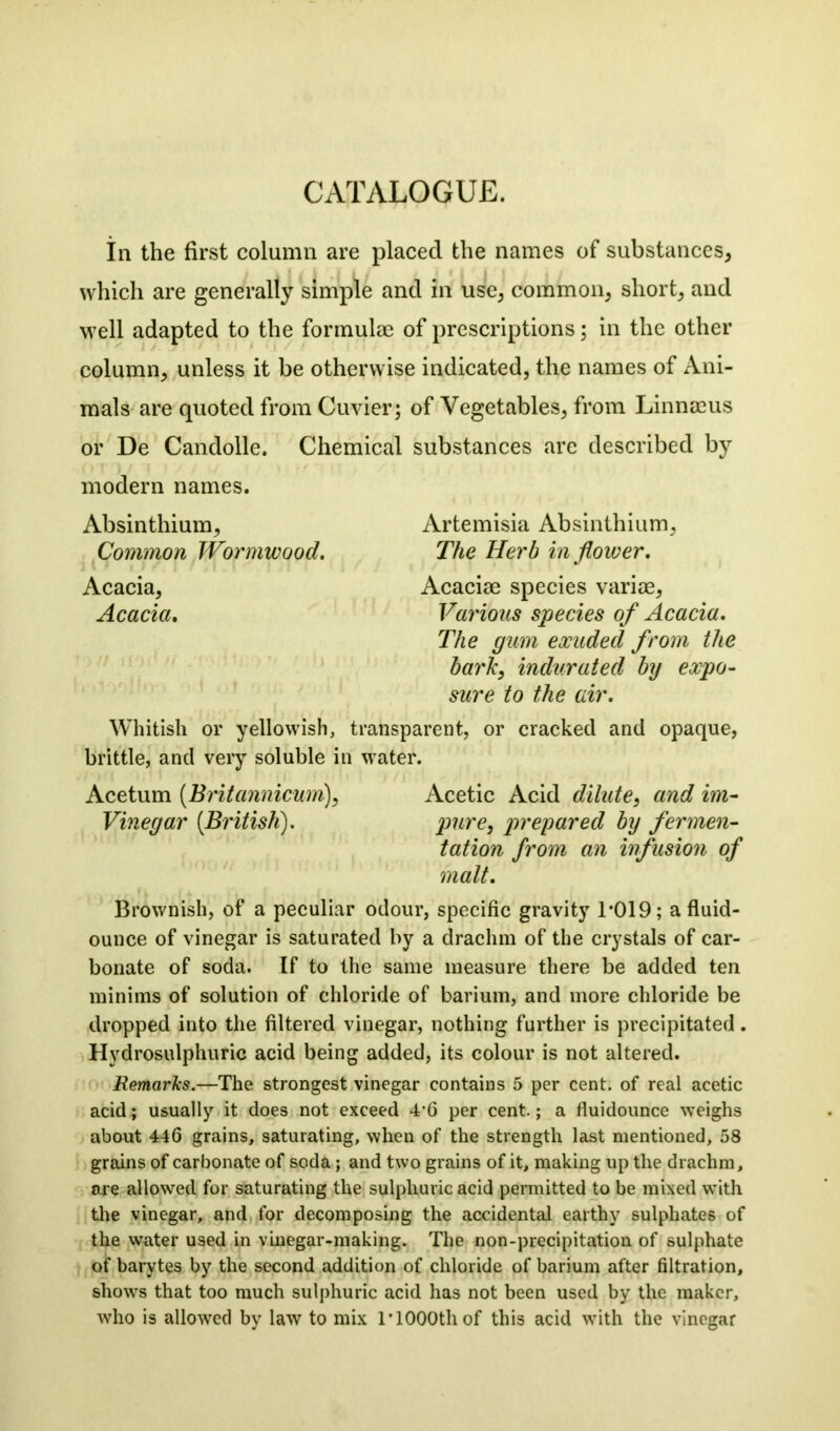 CATALOGUE. In the first column are placed the names of substances, ,1 , which are generally simple and in use, common, short, and well adapted to the formulae of prescriptions; in the other column, unless it be otherwise indicated, the names of Ani- mals are quoted from Cuvier; of Vegetables, from Linnaeus or De Candolle. Chemical substances are described by modern names. Absinthium, Common Wormwood. Acacia, Acacia. Artemisia Absinthium, The Herb in flower. Acaciae species variae, Various species of Acacia. The gum exuded from the bark} indurated by expo- sure to the air. Whitish or yellowish, transparent, or cracked and opaque, brittle, and very soluble in water. Acetum (Britannicum), Acetic Acid dilute, and im- Vinegar [British). pure, prepared by fermen- tation from an infusion of malt. Brownish, of a peculiar odour, specific gravity 1*019; a fluid- ounce of vinegar is saturated by a drachm of the crystals of car- bonate of soda. If to the same measure there be added ten minims of solution of chloride of barium, and more chloride be dropped into the filtered vinegar, nothing further is precipitated. Hydrosulphuric acid being added, its colour is not altered. Remarks.—The strongest vinegar contains 5 per cent, of real acetic acid; usually it does not exceed 4*6 per cent.; a fluidounce weighs about 446 grains, saturating, when of the strength last mentioned, 58 grains of carbonate of soda; and two grains of it, making up the drachm, are allowed for saturating the sulphuric acid permitted to be mixed with the vinegar, and for decomposing the accidental earthy sulphates of the water used in vinegar-making. The non-precipitation of sulphate of barytes by the second addition of chloride of barium after filtration, shows that too much sulphuric acid has not been used by the maker, who is allowed by law to mix 1* 1000th of this acid with the vinegar