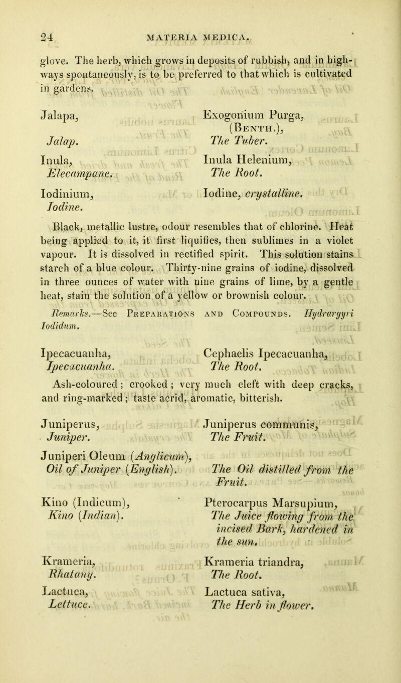 glove. The herb, which grows in deposits of rubbish, and in high- ways spontaneously, is to be preferred to that which is cultivated in gardens. J alapa. Jalap. Inula, Elecampane. Exogonium Purga, (Benth.), The Tuber. Inula Helenium, The Root. Iodinium, Iodine, crystalline. Iodine. Black, metallic lustre, odour resembles that of chlorine. Heat being applied to it, it first liquifies, then sublimes in a violet vapour. It is dissolved in rectified spirit. This solution stains starch of a blue colour. Thirty-nine grains of iodine, dissolved in three ounces of water with nine grains of lime, by a gentle heat, stain the solution of a yellow or brownish colour. Remarks.—See Preparations and Compounds. Hydrargyri Iodidum. Ipecacuanha, Cephaelis Ipecacuanha, Ipecacuanha. The Root. Ash-coloured; crooked ; very much cleft with deep cracks, and ring-marked ; taste acrid, aromatic, bitterish. Juniper us, Juniper. Juniperi Oleum (Anglicum), Oil of Juniper (English). Kino (Indicum), Kino (Indian). Krameria, Rhatany. Lactuca, Lettuce. Juniperus communis. The Fruit. The Oil distilled from the Fruit. Pterocarpus Marsupium, The Juice flowing from the incised Bark, hardened in the sun. Krameria triandra, The Root. Lactuca sativa, The Herb in flower.