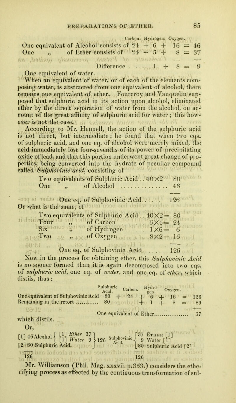 Carbon. Hydrogen. Oxygen. One equivalent of Alcohol consists of 24 -f 6 -\- 16 = 46 One „ of Ether consists of 24 + 5 + 8 = 37 Difference 1 + 8 = 9 One equivalent of water. When an equivalent of water, or of each of the elements com- posing water, is abstracted from one equivalent of alcohol, there remains one equivalent of ether. Fourcroy and Vauquelin sup- posed that sulphuric acid in its action upon alcohol, eliminated ether by the direct separation of water from the alcohol, on ac- count of the great affinity of sulphuric acid for water ; this how- ever is not the case. According to Mr. Hennell, the action of the sulphuric acid is not direct, but intermediate ; he found that when two eqs. of sulphuric acid, and one eq. of alcohol were merely mixed, the acid immediately lost four-sevenths of its power of precipitating oxide of lead, and that this portion underwent great change of pro- perties, being converted into the hydrate of peculiar compound called Sulphovinic acid, consisting of Two equivalents of Sulphuric Acid . . 40X2— 80 One „ of Alcohol 46 One eq. of Sulphovinic Acid 126 Or what is the same, of Two equivalents of Sulphuric Acid . . 40X2= 80 Four ,, of Carbon 6X4= 24 Six „ of Hydrogen 1X6= 6 Two „ of Oxygen 8X2= 16 One eq. of Sulphovinic Acid 126 Now in the process for obtaining ether, this Sulphovinic Acid is no sooner formed than it is again decomposed into two eqs. of sulphuric acid, one eq. of water, and one eq. of ether, which distils, thus: Sulphuric Acid. One equivalent of Sulphovinic Acid — 80 -f- Remaining in the retort 80 Carbon. Oxygen. 24 -f 6 + 16 = + 1 + 8 = 126 89 which distils. Or, [1] 46Alcohol/ []] n?€,r 3n L J f [1] Water 9 [2] 80 Sulphuric Acid. One equivalent of Ether 37 1126 SaS™ic{ 37 Ether [1] 9 Water [1] 80 Sulphuric Acid [2] 126 126 Mr. Williamson (Phil. Mag. xxxvii. p.353.) considers the ethe- rifving process as effected by the continuous transformation of sul-