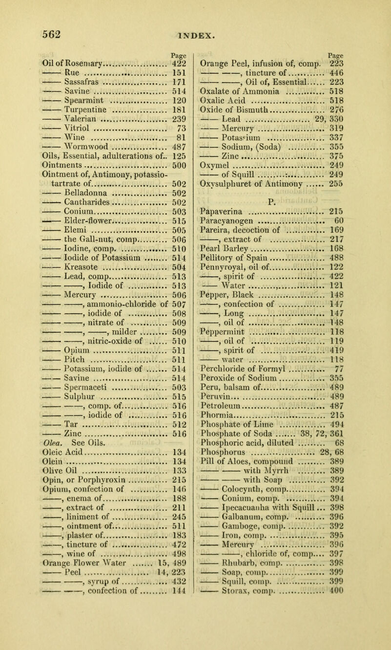 Oil of Rosemary Rue Sassafras Savine • Spearmint Turpentine Valerian Vitriol Wine Wormwood Oils, Essential, adulterations of.. Ointments Ointment of, Antimony, potassio- tartrate of Belladonna Cantharides Conium Elder-flower Elemi the Gall-nut, comp Iodine, comp Iodide of Potassium Kreasote Lead, comp , Iodide of Mercury , ammonio-chloride of , iodide of , nitrate of , nitric-oxide of Opium Pitch • Potassium, iodide of Savine Spermaceti Sulphur , comp, of , iodide of Tar Zinc Olea. See Oils. Oleic Acid Olein Olive Oil Opin, or Porphvroxin Opium, confection of , enema of , extract of , liniment of , ointment of , plaster of , tincture of , wine of Orange Flower Water 15, Peel 14, , syrup of , confection of Page Orange Peel, infusion of, comp. 223 , tincture of 446 , Oil of, Essential 223 Oxalate of Ammonia 518 Oxalic Acid 518 Oxide of Bismuth 276 Lead 29, 330 Mercury 319 Potassium 337 Sodium, (Soda) 355 Zinc 375 Oxymel 249 of Squill : 249 Oxvsulphuret of Antimony 255 P. Papaverina 215 Paracyanogen 60 Pareira, decoction of 169 , extract of 217 Pearl Barley 168 Pellitory of Spain 488 Pennyroyal, oil of 122 , spirit of 422 Water 121 Pepper, Black 148 , confection of 147 , Long 147 , oil of 148 Peppermint 118 , oil of 119 , spirit of 419 water 118 Perchloride of Formyl 77 Peroxide of Sodium 355 Peru, balsam of 489 Peruvin 489 Petroleum 487 Phormia 215 Phosphate of Lime 494 Phosphate of Soda 38, 72, 361 Phosphoric acid, diluted 68 Phosphorus 28, 68 Pill of Aloes, compound 389 with Myrrh 389 with Soap 392 Colocynth, comp 394 Conium, comp 394 Ipecacuanha with Squill... 398 Galbanum, comp 396 Gamboge, comp 392 Iron, comp 395 Mercury 396 , chloride of, comp.... 397 Rhubarb, comp 398 Soap, comp 399 Squill, comp 399 Storax, comp 400 Page 422 151 171 514 120 181 239 73 81 487 125 500 502 502 502 503 515 505 506 510 514 504 513 513 506 507 508 509 509 510 511 511 514 514 503 515 516 516 512 516 134 134 133 215 146 188 211 245 511 183 472 498 489 223 432 144