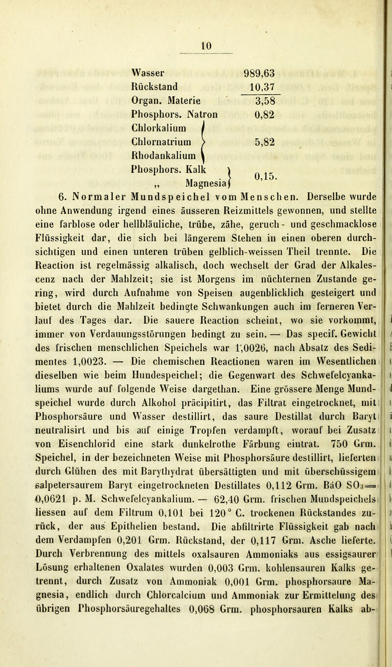 Wasser 989,63 Rückstand 10,37 Organ. Materie 3,58 Phosphors. Natron 0,82 Chlorkalium / Chlornatrium > 5,82 Rhodankalium I Phosphors. Kalk \ „ Magnesia) 6. Normaler Mundspeichel vom Menschen. Derselbe wurde ohne Anwendung irgend eines äusseren Reizmittels gewonnen, und stellte eine farblose oder hellbläuliche, trübe, zähe, geruch- und geschmacklose Flüssigkeit dar, die sich bei längerem Stehen in einen oberen durch- sichtigen und einen unteren trüben gelblich-weissen Theil trennte. Die j Reaction ist regelmässig alkalisch, doch wechselt der Grad der Alkales- cenz nach der Mahlzeit; sie ist Morgens im nüchternen Zustande ge- ring, wird durch Aufnahme von Speisen augenblicklich gesteigert und bietet durch die Mahlzeit bedingte Schwankungen auch im ferneren Ver- lauf des Tages dar. Die sauere Reaction scheint, wo sie vorkommt, 1 immer von Verdauungsstörungen bedingt zu sein. — Das specif. Gewicht i des frischen menschlichen Speichels war 1,0026, nach Absatz des Sedi- 1 mentes 1,0023. — Die chemischen Reactionen waren im Wesentlichen s dieselben wie beim Hundespeichel; die Gegenwart des Schwefelcyanka- s liums wurde auf folgende Weise dargethan. Eine grössere Menge Mund- ii Speichel wurde durch Alkohol präcipitirt, das Filtrat eingetrocknet, mit s Phosphorsäure und Wasser destillirt, das saure Destillat durch Baryt i neutralisirl und bis auf einige Tropfen verdampft, worauf bei Zusatz i von Eisenchlorid eine stark dunkelrothe Färbung eintrat. 750 Grm. i Speichel, in der bezeichnten Weise mit Phosphorsäure destillirt, lieferten s durch Glühen des mit Barythydrat übersättigten und mit überschüssigem 1 ßalpetersaurem Baryt eingetrockneten Destillates 0,112 Grm. BäO SO:i= i 0,0621 p. M. Schwefelcyankalium. — 62,40 Grm. frischen Mundspeichels l Hessen auf dem Filtrum 0,101 bei 120° C. trockenen Rückstandes zu- t rück, der aus Epithelien bestand. Die abfiltrirte Flüssigkeit gab nach I dem Verdampfen 0,201 Grm. Rückstand, der 0,117 Grm. Asche lieferte. ( Durch Verbrennung des mittels oxalsauren Ammoniaks aus essigsaurer ! Lösung erhaltenen Oxalates wurden 0,003 Grm. kohlensauren Kalks ge- trennt, durch Zusatz von Ammoniak 0,001 Grm. phosphorsaure Ma- gnesia, endlich durch Chlorcalcium und Ammoniak zur Ermittelung des übrigen Phosphorsäuregehaltes 0,068 Grm. phosphorsauren Kalks ab-