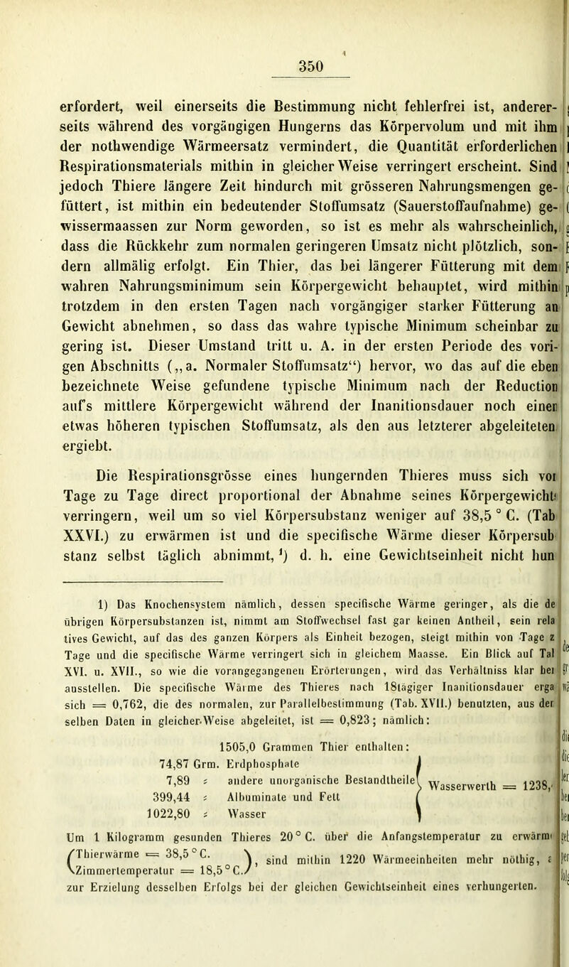 A erfordert, weil einerseits die Bestimmung nicht fehlerfrei ist, anderer- ; seits während des vorgängigen Hungerns das Körpervolum und mit ihm | der nothwendige Wärmeersatz vermindert, die Quantität erforderlichen I Respirationsmaterials mithin in gleicherweise verringert erscheint. Sind ! jedoch Thiere längere Zeit hindurch mit grösseren Nahrungsmengen ge- ( füttert, ist mithin ein bedeutender Stoffumsatz (Sauerstoffaufnahme) ge- ( wissermaassen zur Norm geworden, so ist es mehr als wahrscheinlich, « dass die Rückkehr zum normalen geringeren Umsatz nicht plötzlich, son- [ dern allmälig erfolgt. Ein Thier, das hei längerer Fütterung mit dem f wahren Nahrungsminimum sein Körpergewicht behauptet, wird mithin j trotzdem in den ersten Tagen nach vorgängiger starker Fütterung an Gewicht abnehmen, so dass das wahre typische Minimum scheinbar zu gering ist. Dieser Umstand tritt u. A. in der ersten Periode des vori- gen Abschnitts (,,a. Normaler Stoffumsatz“) hervor, wo das auf die eben bezeichnete Weise gefundene typische Minimum nach der Reduction aufs mittlere Körpergewicht während der Inanitionsdauer noch einet! etwas höheren typischen Stoffumsatz, als den aus letzterer abgeleiteten ergiebt. Die Respirationsgrösse eines hungernden Thieres muss sich vot Tage zu Tage direct proportional der Abnahme seines Körpergewicht! verringern, weil um so viel Körpersubstanz weniger auf 38,5 0 C. (Tab XXVI.) zu erwärmen ist und die specifische Wärme dieser Körpersub stanz selbst täglich abnimmt,') d. h. eine Gewichtseinheit nicht hun 1) Das Knochensyslem nämlich, dessen specifische Wärme geringer, als die de übrigen Körpersubstanzen ist, nimmt am Stoffwechsel fast gar keinen Antheil, sein rela tives Gewicht, auf das des ganzen Körpers als Einheit bezogen, steigt mithin von Tage z Tage und die specifische Wärme verringert sich in gleichem Maasse. Ein Click auf Tal XVI. u. XVII., so wie die vorangegangenen Erörterungen, wird das Verhällniss klar hei ausstellen. Die specifische VVäime des Thieres nach 18tägiger Inanitionsdauer erga sich = 0,762, die des normalen, zur Parallelbeslimmung (Tab. XVII.) benutzten, aus der selben Daten in gleicher-Weise abgeleitet, ist = 0,823; nämlich: Je F B Wasserwerlh = 1238,' 1505,0 Grammen Thier enthalten: 74,87 Grm. Erdphosphale 7,89 s andere unorganische Bestandteile! 399,44 s Albuminate und Fett 1022,80 ; Wasser Um 1 Kilogramm gesunden Thieres 20 ° C. über die Anfangstemperatur zu erwärmt /Ihietwätme ■= 38,5 C. \ sjnd mithin 1220 Wärmeeinheiten mehr nöthig, t VZimmerlempcratur = 18,5 °C./ zur Erzielung desselben Erfolgs bei der gleichen Gewichtseinheit eines verhungerten.