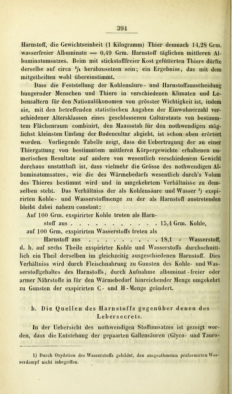 Harnstoff, die Gewichtseinheit (1 Kilogramm) Thier demnach 14,28 Grm. wasserfreier Albuminate = 0,49 Grm. Harnstoff täglichen mittleren Al- buminatumsatzes. Beim mit stickstofffreier Kost gefütterten Thiere dürfte derselbe auf circa ‘/i herabzusetzen sein; ein Ergebniss, das mit dem mitgetheilten wohl übereinstimmt. Dass die Feststellung der Kohlensäure- und Harnstoffausscheidung hungernder Menschen und Thiere in verschiedenen Klimaten und Le- bensaltern für den Nationalökonomen von grösster Wichtigkeit ist, indem sie, mit den betreffenden statistischen Angaben der Einwohnerzahl ver- schiedener Altersklassen eines geschlossenen Culturstaats von bestimm- tem Flächenraum combinirt, den Maassstab für den nothwendigen mög- lichst kleinsten Umfang der Bodencultur abgiebt, ist schon oben erörtert worden. Vorliegende Tabelle zeigt, dass die Uebertragung der an einer Thiergattung von bestimmtem mittleren Körpergewichte erhaltenen nu- merischen Besultate auf andere von wesentlich verschiedenem Gewicht durchaus unstatthaft ist, dass vielmehr die Grösse des nothwendigen Al- buminatumsatzes, wie die des Wärmebedarfs wesentlich durch’s Volum des Thieres bestimmt wird und in umgekehrtem Verhältnisse zu dem- selben steht. Das Verhältnis der als Kohlensäure und Wasser ') exspi- rirten Kohle- und Wasserstoffmenge zu der als Harnstoff austretenden bleibt dabei nahezu constant: Auf 100 Grm. exspirirter Kohle treten als Harn- stoff aus 15,4 Grm. Kohle, auf 100 Grm. exspirirten Wasserstoffs treten als Harnstoff aus 18,1 * Wasserstoff, d. h. auf sechs Theile exspirirter Kohle und Wasserstoffs durchschnitt- lich ein Theil derselben im gleichzeitig ausgeschiedenen Harnstoff. Dies Verhältniss wird durch Fleischnahrung zu Gunsten des Kohle- und Was- serstoffgehaltes des Harnstoffs, durch Aufnahme albuminat - freier oder armer Nährstoffe in für den Wärmebedarf hinreichender Menge umgekehrt zu Gunsten der exspirirten C- und H-Menge geändert. b. Die Quellen des Harnstoffs gegenüber denen des Lebersecrets. ln der Uebersicht des nothwendigen Stoffumsatzes ist gezeigt wor- den, dass die Entstehung der gepaarten Gallensäuren (Glyeo- und Tauro- 1) Durch Oxydation des Wasserstoffs gebildet, den ausgeathineten praformirleu Was- serdampf nicht inbegriffen.