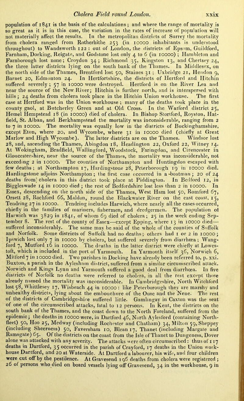 Cholera Field round London. population of 1841 is the basis of the calculations; and where the range of mortality is so great as it is in this case, the variation in the rates of increase of population will not materially affect the results. In the metropolitan districts of Surrey the mortality from cholera ranged from Rotherhithe 253 (in 10000 inhabitants is understood throughout) to Wandsworth 122 : out of London, the districts of Eps«'m, Guildford, Farnham, Dorking, Reigate, and Godstone lost only 4 to 6 (in 10000) ; Hambleton and Farnborough lost none; Croydon 34; Richmond 35, Kingston 13, and Chertsey 24, the three latter districts lying on the south bank of the Thames. In Middlesex, on the north side of the Thames, Brentford lost 50, Staines 31 ; Uxbridge 21, Hendon 9, Barnet 20, Edmonton 24. In Hertfortshire, the districts of Hertford and Hitchin suffered severely ; 57 in 10000 were destroyed. Hertford is on the River Lea and near the source of the New River; Hitchin is further north, and is interspersed with hills; 24 deaths from cholera took place in the Hitchin Union workhouse. The first case at Hertford wras in the Union workhouse ; many of the deaths took place in the county gaol, at Butcherley Green and at Old Cross. In the Watford district 25, Hemel Hempstead 18 (in 10000) died of cholera. In Bishop Stortford, Royston, Hat- field, St. Alban, and Berkhampstead the mortality was inconsiderable, ranging from 2 to 7 in 10000. The mortality was equally low in the districts of Buckinghamshire, except Eton, where 20, and Wycombe, where 31 in xoooo died (chiefly at Great Marlow and High Wycombe). The latter districts are on the Thames. Windsor lost 28, and, ascending the Thames, Abingdon 18, Headington 22, Oxford 22, Witney 14. At Wokingham, Bradfield, Wallingford, Woodstock, Faringdon, and Cirencester in Gloucestershire, near the source of the Thames, the mortality was inconsiderable, not exceeding 2 in 10000. The counties of Northampton and Huntingdon escaped with few deaths ; at Northampton 17, Hardingstone 28, Peterborough 19 in 10000 died. Hardingstone adjoins Northampton; the first case occurred in a-boatman; 20 of 24 deaths fronf cholera in this district took place at Piddington. In Bedford 12, in Biggleswade 14 in 10000 died ; the rest of Bedfordshire lost less than 2 in 10000. In Essex, descending on the north side of the Thames, West Ham lost 50, Romford 67, Orsett 28, Rochford 66, Maldon, round the Blackwater River on the east coast, 15, Tendring 27 in 10000. Tendring includes Harwich, where nearly all the cases occurred, chiefly in the families of mariners, fishermen, and dredgermen. The population of Harwich was 3829 in 1841, of whom 69 died of cholera; 25 in the week ending Sep- tember 8. The rest of the county of Essex—except Epping, where 13 in 10000 died— suffered inconsiderably. The same may be said of the whole of the counties of Suffolk and Norfolk. Some districts of Suffolk had no deaths; others had 1 or 2 in 10000; Ipswich lost only 7 in 10000 by cholera, but suffered severely from diarrhoea; Wang- ford 7, Muttord 16 in 10000. The deaths in the latter district were chiefly at Lowes- toft, which is included in the port of Yarmouth. In Yarmouth itself 36, Norwich 6, Mitford7in 10000 died. Two parishes in Docking have already been referred to, p. xxi. Buxton, a parish in the Aylesham district, suffered from a similar circumscribed attack. Norwich and Kings Lynn and Yarmouth suffered a good deal from diarrhoea. In five districts of Norfolk no deaths were referred to cholera, in all the rest except those already named the mortality was inconsiderable. In Cambridgeshire, North Witchford lost 58, Whittlesey 17, Wisbeach 44 in 10000: like Peterborough they are marshy and unhealthy districts, lying about the embouchure of the Ouse and the Nene. The rest of the districts of Cambridgeshire suffered little. Gamhngay in Caxton was the seat of one of the circumscribed attacks, fatal to 12 persons. In Kent, the districts on the south bank of the Thames, and the coast down to the North Foreland, suffered from the epidemic; the deaths in 10000 were, in Dartford 46, North Aylesford (containing North- fleet) 50, Hoo 25, Medway (including Rochester and Chatham) 34, Milton 59, Sheppey (including Sheerness) 50, Faversham 10, Blean 17, Thanet (including Margate and Ramsgate) 65. Of the districts on the coast from the Isle of Thanet to Dungeness, Dover alone was attacked with any severity. The attacks were often circumscribed : thus of 117 deaths in Dartford, 35 occurred in the parish of Crayford, 17 deaths in the Union work- house Dartford, and 20 at Waterside. At Dartford a labourer, his wife, and four children were cut off by the pestilence. At Gravesend 196 deaths from cholera were registered ; 26 of persons who died on board vessels lying off Gravesend, 34 in the workhouse, 9 in