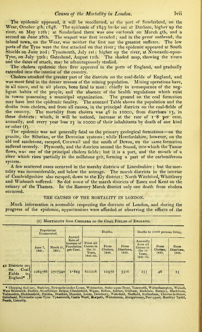 The epidemic appeared, it will be recollected, at the port of Sunderland, on the Wear, October 4th, 1848. The epidemic of 1849 broke out at Durham, higher up the river, on May 12th; at Sunderland there was one outbreak on March 4th, and a second on June 28th. The seaport was first invaded; and in the great outbreak, the inland town, on the Wear, was neither the first nor the greatest sufferer. The low ports of the Tyne were the first attacked on that river; the epidemic appeared at South Shields on June 2nd; Tynemouth, July 1st; higher up the river, at Newcastle-upon- Tyne, on July 30th; Gateshead, August nth. The shaded map, showing the rivers and the dates of attack, may be advantageously studied. The cholera epidemic then first appeared in the ports of England, and gradually extended into the interior of the country. Cholera attacked the greater part of the districts on the coal-fields of England, and was most fatal in the denser masses of the mining population. Mining operations have, in all times, and in all places, been fatal to man: chiefly in consequence of the neg- ligent habits of the people, and the absence of the health regulations which exist in towns possessing a municipal organization. The ground on the coal formation may have lent the epidemic fatality. The annexed Table shows the population and the deaths from cholera, and from all causes, in the principal districts on the coal-fields of the country. The mortality from cholera was 46 in 10000, from diarrhoea 13, in these districts; which, it will be noticed, increase at the rate of i'8 per cent, annually, and every year lose 23 in IOOOO of their inhabitants by death of one kind or other (t). The epidemic was not generally fatal on the primary geological formations—on the granite, the Silurian, or the Devonian systems; while Herefordshire, however, on the old red sandstone, escaped, Cornwall and the south of Devon, on the same formation suffered severely. Plymouth, and the districts around the Sound, into which the Tamar flows, was one of the principal cholera fields; but it is a port, and the mouth of a river which rises partially in the millstone grit, forming a part of the carboniferous system. A few scattered cases occurred in the marshy districts of Lincolnshire ; but the mor- tality was inconsiderable, and below the average. The marsh districts in the interior of Cambridgeshire also escaped, down to the Ely district; North Witchford, Whittlesey and Wisbeach suffered. So did some of the marsh districts of Essex and Kent on the estuary of the Thames. In the Romney Marsh district only one death from cholera occurred. THE CAUSES OF THE MORTALITY IN LONDON. Much information is accessible respecting the districts of London, and during the progress of the epidemic, opportunities were afforded of observing the effects of the (t) Mortality from Cholera on the Coal Fields of England. Population Enumerated. Annual Rate of Increase of Population per Cent. Deaths. Deaths to 10000 persons living. June 7, 1841. March 31, 1851. From all Causes in the 10 Years, 1841-50. From Cholera, 1849. From Diarrhoea, 1849. Annually from all Causes in the 10 Years, 1841-50. From Cholera, 1849. From Diarrhoea, 1849. 42 Districts om the Coal Fields in [ England* .j 2269786 2707340 1*813 6nro6 II97O 3306 233 46 13 * Chipping Sodlury, Madeley, Newcastle-under-Lyme, Wolstan ton, Stoke-upon-Trent, Tam worth, Wolverhampton, Walsall, West Bromwich, Dudley, Stourbridge, Belper, Chesterfield, Wigan, Bolton, Ashton, Oldham, Rochdale, Burnley, Blackburn, Todmorden, Huddersfield, Halifax, Bradford, Hunslet, Leeds, Dewsbury, Wakefield, Sheffield, Rotherham, Chester-le-Street, Gateshead, Newcastle-upon-Tyne Tynemouth, Castle Ward, Morpeth, Whitehaven, Abergavenny, Pontypool, Merthyr Tydfil, Neath, Llanelly.