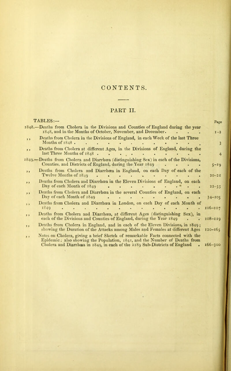CONTENTS. PART II. TABLES:— 1848. —Deaths from Cholera in the Divisions and Counties of England during the year 1848, and in the Months of October, November, and December. ,, Deaths from Cholera in the Divisions of England, in each Week of the last Three Months of 1848 ........... ,, Deaths from Cholera at different Ages, in the Divisions of England, during the last Three Months of 1848 . . . , . 1849. —Deaths from Cholera and Diarrhoea (distinguishing Sex) in each of the Divisions, Counties, and Districts of England, during the Year 1849 . . . . ,, Deaths from Cholera and Diarrhoea in England, on each Day of each of the Twelve Months of 1849 .......... ,, Deaths from Cholera and Diarrhoea in the Eleven Divisions of England, on each Day of each Month of 1849 . . . . . . . * . ,, Deaths from Cholera and Diarrhoea in the several Counties of England, on each Day of each Month of 1849 ......... ,, Deaths from Cholera and Diarrhoea in London, on each Day of each Month of 1849 ,, Deaths from Cholera and Diarrhoea, at different Ages (distinguishing Sex), in each of the Divisions and Counties of England, during the Year 1849 ,, Deaths from Cholera in England, and in each of the Eleven Divisions, in 1849; showing the Duration of the Attacks among Males and Females at different Ages ,, Notes on Cholera, giving a brief Sketch of remarkable Facts connected with the Epidemic; also showing the Population, 1841, and the Number of Deaths from Cholera and Diarrhoea in 1849, in each of the 2189 Sub-Districts of England . Page 1-2 3 4 5-19 20-21 22-33 34-105 106-107 108-119 120-165 166-300
