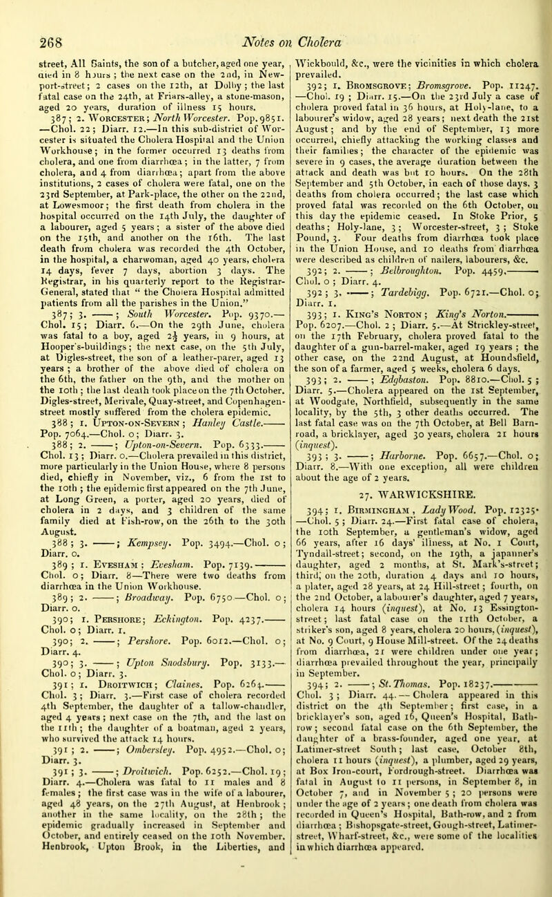 street, All Saints, the son of a butcher, aged one year, . uied in 8 hiurs ; the next case on the 2nd, ill New- port-street; 2 cases on the I2th, at Dolby ; the last fatal case on the 24th, at Friars-alley, a stone-mason, aged 20 years, duration of illness 15 hours. 387 ; 2. Worcester; North Worcester. Pop.9851. — Choi. 22; Diarr. 12.—In this sub-district of Wor- cester is situated the Cholera Hospital and the Union Workhouse; in the former occurred 13 deaths from cholera, and one from diarrhoea; in the latter, 7 from cholera, and 4 from diarrhoea; apart from the above institutions, 2 cases of cholera were fatal, one on the 23rd September, at Park-place, the other on the 22nd, at Lowesmoor; the first death from cholera in the hospital occurred on the 14th July, the daughter of a labourer, aged 5 years; a sister of the above died on the 15th, and another on the 16th. The last death from cholera was recorded the 4th October, in the hospital, a charwoman, aged 40 years, cholera 14 days, fever 7 days, abortion 3 days. The Pegistrar, in his quarterly report to the Registrar- General, stated that “ the Cholera Hospital admitted patients from all the parishes in the Union.” 387 ; 3. ; South Worcester. Pop. 9370.— Choi. 15; Diarr. 6.—On the 29th June, cholera was fatal to a boy, aged 2^ years, in 9 hours, at Hooper's-buildings; the next case, on the 5th July, at Digles-street, the son of a leather-parer, aged 13 years ; a brother of the above died of cholera on the 6th, the father on the 9th, and the mother on the 10th ; the last death took place on the 7th October. Digles-street, Merivale, Quay-street, and Copenhagen- street mostly suffered from the cholera epidemic. 388 ; 1. Upton-on-Severn ; Hanley Castle. Pop. 7064.—Choi, o; Diarr. 3. 388; 2. ; Upton-on-Severn. Pop. 6333. Choi. 13 ; Diarr. o.—Cholera prevailed 111 this district, more particularly in the Union House, where 8 persons died, chiefly in November, viz., 6 from the 1st to the 10th ; the epidemic first appeared on the 7th June, at Long Green, a porter, aged 20 years, died of cholera in 2 days, and 3 children of the same family died at Fish-row, on the 26th to the 30th August. 388; 3. ; Kcmpsey. Pop. 3494.—Choi, o; Diarr. o. 389; r. Evesham; Evesham. Pop. 7139. Choi, o; Diarr. 8—There were two deaths from diarrhoea in the Union Workhouse. 389; 2. ; Broadway. Pop. 6750—Choi, o; Diarr. o. 390; r. Pershore; Echington. Pop. 4237. Choi, o ; Diarr. 1. 390; 2. ; Pershore. Pop. 6012.—Choi, o; Diarr. 4. 390; 3. ; Upton Snodsbury. Pop. 3133.— Choi, o ; Diarr. 3. 391; x. Droitwich; Claines. Pop. 6264. Choi. 3 ; Diarr. 3.—First case of cholera recorded 4th September, the daughter of a tallow-chandler, aged 4 years ; next case on the 7th, and the last on the nth; the daughter of a boatman, aged 2 years, who survived the attack 14 hours. 391; 2. ; Omhersley. Pop. 4952.—Choi, o; Diarr. 3. 391 ; 3. ; Droitwich. Pop. 6252.—Choi. 19; Diarr. 4.—Cholera was fatal to 11 males and 8 females ; the first case was in the wife of a labourer, aged 48 years, on the 27th August, at Henbrook ; another ill the same locality, on the 28th ; the epidemic gradually increased in September and October, and entirely ceased on the 10th November. Henbrook, Upton Brook, in the Liberties, and Wickbould, &c., were the vicinities in which cholera prevailed. 392; 1. Bromsgrove; Bromsgrove. Pop. 11247. —Choi. 19 ; Di.irr. 15.—On the 23rd July a case of cholera proved fatal in 36 hours, at Holy-lane, to a labourer’s widow, aged 28 years; next death the 21st August; and by the end of September, 13 more occurred, chiefly attacking the working classes and their families; the character of the epidemic was severe in 9 cases, the average duration between the attack and death was but ro hours. On the 28th September and 5th October, in each of those days, 3 deaths from cholera occurred ; the last case which proved fatal was recorded on the 6th October, ou this day the epidemic ceased. In Stoke Prior, 5 deaths; Holy-lane, 3; Worcester-street, 3; Stoke Pound, 3. Four deaths from diarrhoea took place in the Union House, and 10 deaths from diarrhoea were described as children of nailers, labourers, &c. 392; 2. ; Belbroughton. Pop. 4459, Choi, o ; Diarr. 4. 392; 3. -——; Tardebigg. Pop. 6721.—Choi, o; Diarr. I. 393; 1. King’s Norton; King’s Norton. Pop. 6207.—Choi. 2 ; Diarr. 5.—At Stnckley-street, on the 17th February, cholera proved fatal to the daughter of a gun-barrel-maker, aged 19 years ; the other case, on the 22nd August, at Houndsfield, the son of a farmer, aged 5 weeks, cholera 6 days. 393; 2. ; Edgbaston. Pop. 8810.—Choi. 5 ; Diarr. 5.—Cholera appeared on the 1st September, at Woodgate, Northfield, subsequently in the same locality, by the 5th, 3 other deaths occurred. The last fatal case was on the 7th October, at Bell Barn- road, a bricklayer, aged 30 years, cholera 21 hours (inquest'). 395! 3- ; Harborne. Pop. 6657.—Choi, o; Diarr. 8.—With one exception, all were children about the age of 2 years. 27. WARWICKSHIRE. 394; 1. Birmingham, LadyWood. Pop. 12325- —Choi. 5 ; Diarr. 24.—First fatal case of cholera, the 10th September, a gentleman’s widow, aged 66 years, after 16 days’ illness, at No. 1 Court, Tyndall-street; second, on the 19th, a japanner’s daughter, aged 2 months, at St. Mark’s-street; third; on the 20th, duration 4 days and 10 hours, a plater, aged 28 years, at 24 Hill-street; fourth, on the 2nd October, a labourer’s daughter, aged 7 years, cholera 14 hours (inquest), at No. 13 Essington- street; last fatal case on the nth October, a striker's son, aged 8 years, cholera 20 hours, (inquest), at No. 9 Court, 9 House Mill-street. Of the 24 deaths from diarrhoea, 2i were children under one year; diarrhoea prevailed throughout the year, principally in September. 394; 2. ; St. Thomas. Pop. 18237. Choi. 3; Diarr. 44.— Cholera appeared in this district on the 4th September; first case, in a bricklayer’s son, aged 16, Queen’s Hospital, Bath- row ; second fatal case on the 6th September, the daughter of a brass-founder, aged one year, at Latimer-street South; last case. October 8th, cholera 11 hours (inquest), a plumber, aged 29 years, at Box Iron-court, Fordrough-street. Diarrhoea was fatal in August to 11 persons, in September 8, in October 7, and in November 5 ; 20 persons were under the age of 2 years; one death from cholera was recorded in Queen’s Hospital, Bath-row, and 2 from diarrhoea ; Bishopsgate-street, Gough-street, Latimer- street, Wharf-street, &c., were some of the localities iu which diarrhoea appeared.