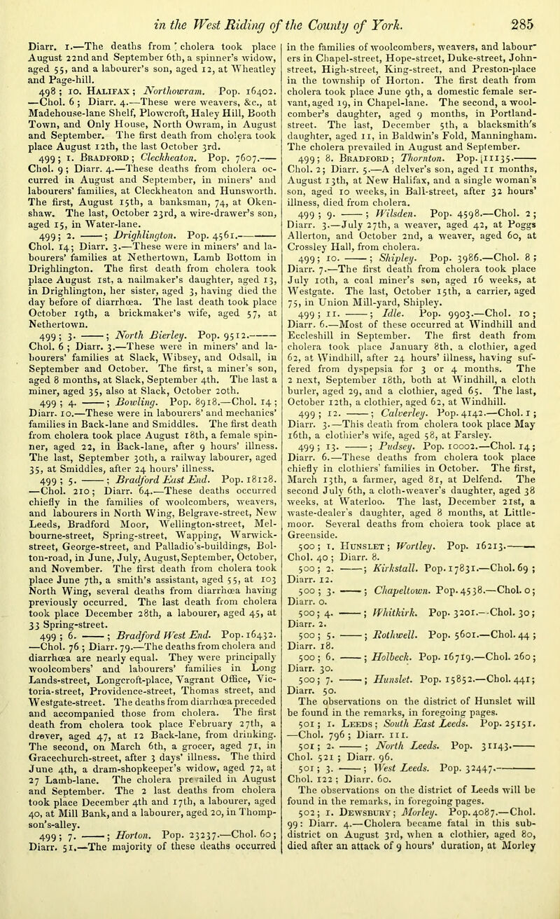 Diarr. I.—The deaths from ’ cholera took place August 22nd and September 6th, a spinner’s widow, aged 55, and a labourer’s son, aged 12, at Wheatley and Page-hill. 498 ; 10. Halifax ; Northowram. Pop. 16402. —Choi. 6 ; Diarr. 4.-—These were weavers, &c., at Madehouse-lane Shelf, Plowcroft, Haley Hill, Booth Town, and Only House, North Owram, in August and September. The first death from cholera took place August 12th, the last October 3rd. 499 ; 1. Bradford ; Cleckheaton. Pop. 7607. Choi. 9 ; Diarr. 4.—These deaths from cholera oc- curred in August and September, in miners’ and labourers' families, at Cleckheaton and Hunsworth. The first, August 15th, a banksman, 74, at Oken- shaw. The last, October 23rd, a wire-drawer’s son, aged 15, in Water-lane. 499; 2. ; Drighlington. Pop. 4561. Choi. 14; Diarr. 3.—These were in miners’ and la- bourers’ families at Nethertown, Lamb Bottom in Drighlington. The first death from cholera took place August 1st, a nailmaker’s daughter, aged 13, in Drighlington, her sister, aged 3, having died the day before of diarrhoea. The last death took place October 19th, a brickmaker’s wife, aged 57, at Nethertown. 499; 3- i North Bierley. Pop. 9512. Choi, 6 ; Diarr. 3.—These were in miners’ and la- bourers’ families at Slack, Wibsey, and Odsall, in September and October. The first, a miner’s son, aged 8 months, at Slack, September 4th. The last a miner, aged 35, also at Slack, October 20th. 499 ; 4. ; Bowling. Pop. 8918.—Choi. 14; Diarr. 10.—These were in labourers’ and mechanics’ families in Back-lane and Smiddles. The first death from cholera took place August 18th, a female spin- ner, aged 22, in Back-lane, after 9 hours’ illness. The last, September 30th, a railway labourer, aged 35, at Smiddles, after 24 hours’ illness. 499 i 5- ; Bradford East End. Pop. 18128. —Choi. 210; Diarr. 64.—These deaths occurred chiefly in the families of woolcombers, weavers, and labourers in North Wing, Belgrave-street, New Leeds, Bradford Moor, Wellington-street, Mel- bourne-street, Spring-street, Wapping, Warwick- street, George-street, and Palladio’s-buildings, Bol- ton-road, in June, July, August, September, October, and November. The first death from cholera took place June 7th, a smith’s assistant, aged 55, at 103 North Wing, several deaths from diarrhoea having previously occurred. The last death from cholera took place December 28th, a labourer, aged 45, at 33 Spring-street. 499 ; 6. ; Bradford West End. Pop. 16432. —Choi. 76 ; Diarr. 79.—The deaths from cholera and diarrhoea are nearly equal. They were principally woolcombers’ and labourers’ families in Long Lands-street, Longcroft-place, Vagrant Office, Vic- toria-street, Providence-street, Thomas street, and Westgate-street. The deaths from diarrhoea preceded and accompanied those from cholera. The first death from cholera took place February 27th, a drover, aged 47, at 12 Back-lane, from drinking. The second, on March 6th, a grocer, aged 71, in Gracechurch-street, after 3 days’ illness. The third June 4th, a dram-shopkeeper’s widow, aged 72, at 27 Lamb-lane. The cholera prevailed in August and September. The 2 last deaths from cholera took place December 4th and 17th, a labourer, aged 40, at Mill Bank, and a labourer, aged 20, in Thomp- son’s-alley. 499 5 7- ! Horton. Pop. 23237.—Choi. 60; Diarr. 51.—The majority of these deaths occurred in the families of woolcombers, weavers, and labour ers in Chapel-street, Hope-street, Duke-street, John- street, High-street, King-street, and Preston-place in the township of Horton. The first death from cholera took place June 9th, a domestic female ser- vant, aged 19, in Chapel-lane. The second, a wool- comber’s daughter, aged 9 months, in Portland- street. The last, December 5th, a blacksmith's daughter, aged 11, in Baldwin’s Fold, Manningham. The cholera prevailed in August and September. 499; 8. Bradford; Thornton. Pop. [11135. Choi. 2; Diarr. 5.—A delver’s son, aged 11 months, August 13th, at New Halifax, and a single woman’s son, aged 10 weeks, in Ball-street, after 32 hours’ illness, died from cholera. 499; 9- ) Wilsden. Pop. 4598.—Choi. 2; Diarr. 3.—July 27th, a weaver, aged 42, at Poggs Allerton, and October 2nd, a weaver, aged 60, at Crossley Hall, from cholera. 499; 10. ; Shipley. Pop. 3986.—Choi. 8; Diarr. 7.—The first death from cholera took place July 10th, a coal miner’s son, aged 16 weeks, at Westgate. The last, October 15 th, a carrier, aged 75, in Union Mill-yard, Shipley. 499; 11. ; Idle. Pop. 9903.—Choi. 10; Diarr. 6.—Most of these occurred at Windhill and Eccleshill in September. The first death from cholera took place January 8th, a clothier, aged 62, at Windhill, after 24 hours’ illness, having suf- fered from dyspepsia for 3 or 4 months. The 2 next, September 18th, both at Windhill, a cloth burler, aged 29, and a clothier, aged 65. The last, October 12th, a clothier, aged 62, at Windhill. 499; 12. ; Calverley. Pop. 4142.—Choi. 1 ; Diarr. 3.—This death from cholera took place May 16th, a clothier’s wife, aged 58, at Farsley. 4991 x3- > Pvdsey. Pop. 10002.—Choi. 14; Diarr. 6.—These deaths from cholera took place chiefly in clothiers’ families in October. The first, March 13th, a farmer, aged 81, at Delfend. The second July 6th, a cloth-weaver’s daughter, aged 38 weeks, at Waterloo. The last, December 21st, a waste-dealer’s daughter, aged 8 months, at Little- moor. Several deaths from cholera took place at Greenside. 500; 1. Hunslet; Worthy. Pop. 16213. Choi. 40 ; Diarr. 8. 500; 2. ; Kirkstall. Pop. 17831.—Choi. 69 ; Diarr. 12. 500; 3. ; Chapeltown. Pop. 4538.—Choi, o; Diarr. o. 50054. ; Whit kirk. Pop-32oi.--Chol. 30; Diarr. 2. 500; 5. ; Rothwell. Pop. 5601.—Choi. 44 ; Diarr. 18. 500; 6. ; HoTbeck. Pop. 16719.—Choi. 260; Diarr. 30. 500; 7. •; Hunslet. Pop. 15852.—Cbol.44l; Diarr. 50. The observations on the district of Hunslet will be found in the remarks, in foregoing pages. 501; 1. Leeds; South East Leeds. Pop. 25151. —Choi. 796; Diarr. in. 501; 2. ; North Leeds. Pop. 31143. Choi. 521 ; Diarr. 96. 501; 3. ; West Leeds. Pop. 32447. Choi. 122 ; Diarr. 60. The observations on the district of Leeds will be found in the remarks, in foregoing pages. 502; 1. Dewsbury; Morley. Pop.4087.—Choi. 99 : Diarr. 4.—Cholera became fatal in this sub- district on August 3rd, when a clothier, aged 80, died after an attack of 9 hours’ duration, at Morley