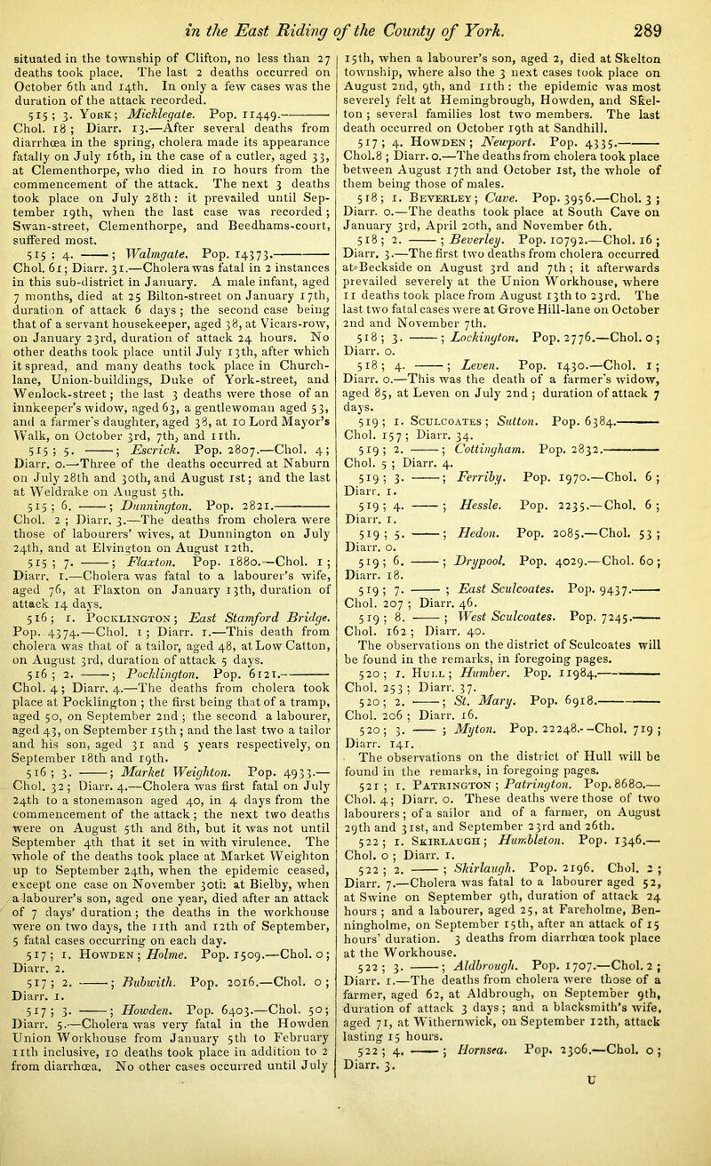 situated in the township of Clifton, no less than 27 deaths took place. The last 2 deaths occurred on October 6th and 14th. In only a few cases was the duration of the attack recorded. 515; 3. York; Micklegate. Pop. 11449. Choi. 18 ; Diarr. 13.—After several deaths from diarrhoea in the spring, cholera made its appearance fatally on July 16th, in the case of a cutler, aged 33, at Clementhorpe, who died in 10 hours from the commencement of the attack. The next 3 deaths took place on July 28th: it prevailed until Sep- tember 19th, when the last case was recorded; Swan-street, Clementhorpe, and Beedhams-court, suffered most. 515 ; 4. ; Walmgate. Pop. 14373. Choi. 61; Diarr. 31.—Cholera was fatal in 2 instances in this sub-district in January. A male infant, aged 7 months, died at 25 Bilton-street on January 17th, duration of attack 6 days ; the second case being that of a servant housekeeper, aged 38, at Vicars-row, on January 23rd, duration of attack 24 hours. No other deaths took place until July 13th, after which it spread, and many deaths took place in Church- lane, Union-buildings, Duke of York-street, and Wenlock-street; the last 3 deaths were those of an innkeeper’s widow, aged 63, a gentlewoman aged 53, and a farmer’s daughter, aged 38, at 10 Lord Mayor’s Walk, on October 3rd, 7th, and nth. 515; 5. ; Escrick. Pop. 2807.—Choi. 4; Diarr. o.—Three of the deaths occurred at Naburn on July 28th and 30th, and August 1st; and the last at Weldrake on August 5 th. 515; 6. ■; Dunnington. Pop. 2821. Choi. 2 ; Diarr. 3.—The deaths from cholera were those of labourers’ wives, at Dunnington on July 24th, and at Elvington on August 12th. 515; 7. ; Flaxton. Pop. 1880.—Choi. I; Diarr. 1.—Cholera was fatal to a labourer’s wife, aged 76, at Flaxton on January 13th, duration of attack 14 days. 516; 1. Poc Islington ; East Stamford Bridge. Pop. 4374.—Choi. 1; Diarr. 1.—This death from cholera was that of a tailor, aged 48, atLowCatton, on August 3rd, duration of attack 5 days. 516; 2. Pocklington. Pop. 6r2i. Choi. 4 ; Diarr. 4.—The deaths from cholera took place at Pocklington ; the first being that of a tramp, aged 50, on September 2nd ; the second a labourer, aged 43, on September 15 th ; and the last two a tailor and his son, aged 31 and 5 years respectively, on September 18th and 19th. 516 ; 3. ; Market Weighton. Pop. 4933.— Choi. 32 ; Diarr. 4.—Cholera was first fatal on July 24th to a stonemason aged 40, in 4 days from the commencement of the attack; the next two deaths were on August 5th and 8th, but it was not until September 4th that it set in with virulence. The whole of the deaths took place at Market Weighton up to September 24th, when the epidemic ceased, except one case on November 30th at Bielby, when a labourer’s son, aged one year, died after an attack of 7 days’ duration ; the deaths in the workhouse were on two days, the nth and 12th of September, 5 fatal cases occurring on each day. 517; 1. Howden ■, Holme. Pop. 1509.—Chol.o; Diarr. 2. 517; 2. ; Bubwith. Pop. 2016.—Choi, o; Diarr. I. 517; 3. ; Howden. Pop. 6403.—Choi. 50; Diarr. 5.—Cholera was very fatal in the Howden Union Workhouse from January 5th to February nth inclusive, 10 deaths took place in addition to 2 from diarrhoea. No other cases occurred until July 15th, when a labourer’s son, aged 2, died at Skelton township, where also the 3 next cases took place on August 2nd, 9th, and nth : the epidemic was most severely felt at Hemingbrough, Howden, and Skel- ton ; several families lost two members. The last death occurred on October 19th at Sandhill. 517; 4. Howden; Newport. Pop. 4335. Choi. 8 ; Diarr. o.—The deaths from cholera took place between August 17th and October 1st, the whole of them being those of males. 5 r8 ; 1. Beverley; Cave. Pop. 3956.—Choi. 3 ; Diarr. o.—The deaths took place at South Cave on January 3rd, April 20th, and November 6th. 518; 2. ; Beverley. Pop. 10792.—Choi. 16 ; Diarr. 3.—The first two deaths from cholera occurred akBeckside on August 3rd and 7th; it afterwards prevailed severely at the Union Workhouse, where 11 deaths took place from August 13th to 23rd. The last two fatal cases were at Grove Hill-lane on October 2nd and November 7th. 518; 3. ; Lockington, Pop. 2776.—Chol.o; Diarr. o. 518; 4. ; Leven. Pop. 1430.—Choi. 1; Diarr. o.—This was the death of a farmer's widow, aged 85, at Leven on July 2nd ; duration of attack 7 days. 519; 1. Sculcoates ; Sutton. Pop. 6384. Choi. 157 ; Diarr. 34. 519; 2. ; Cottingham. Pop. 2832. Choi. 5 ; Diarr. 4. 519; 3. ; Ferriby. Pop. 1970.—Choi. 6; Diarr. 1. 519; 4. ; Hessle. Pop. 2235.— Choi. 6; Diarr. 1. 519; 5. ; Hedon. Pop. 2085.—Choi. 53; Diarr. o. 519; 6. ; Drypool. Pop. 4029.—Choi. 60; Diarr. 18. 519; 7. ; East Sculcoates. Pop. 9437. Choi. 207 ; Diarr. 46. 519; 8. ; West Sculcoates. Pop. 7245. Choi. 162 ; Diarr. 40. The observations on the district of Sculcoates will be found in the remarks, in foregoing pages. 520; 1. Hull; Humber. Pop. 11984. Choi. 253 ; Diarr. 37. 520; 2. ; St. Mary. Pop. 6918. Choi. 206 ; Diarr. 16. 520; 3. ; Myton. Pop. 22248.--Choi. 719; Diarr. 141. The observations on the district of Hull will be found in the remarks, in foregoing pages. 52x ; 1. Patrington ; Patrington. Pop. 8680.— Choi. 4; Diarr. o. These deaths were those of two labourers ; of a sailor and of a farmer, on August 29th and 31st, and September 23rd and 26th. 522; I. SkirlauGh; Hurr.bleton. Pop. 1346.— Choi, o ; Diarr. 1. 522 ; 2. ; Shirlaugh. Pop. 2196. Choi. 2 ; Diarr. 7.—Cholera was fatal to a labourer aged 52, at Swine on September 9th, duration of attack 24 hours ; and a labourer, aged 25, at Fareholme, Ben- ningholme, on September 15th, after an attack of 15 hours’ duration. 3 deaths from diarrhoea took place at the Workhouse. 522; 3. ; Aldbrougli. Pop. 1707.—Choi. 2 ; Diarr. 1.—The deaths from cholera were those of a farmer, aged 62, at Aldbrough, on September 9th, duration of attack 3 days ; and a blacksmith’s -wife, aged 71, at Withernwick, on September 12th, attack lasting 15 hours. 522; 4. ; Hornsea. Pop. 2306.—Choi, o; Diarr. 3. tJ