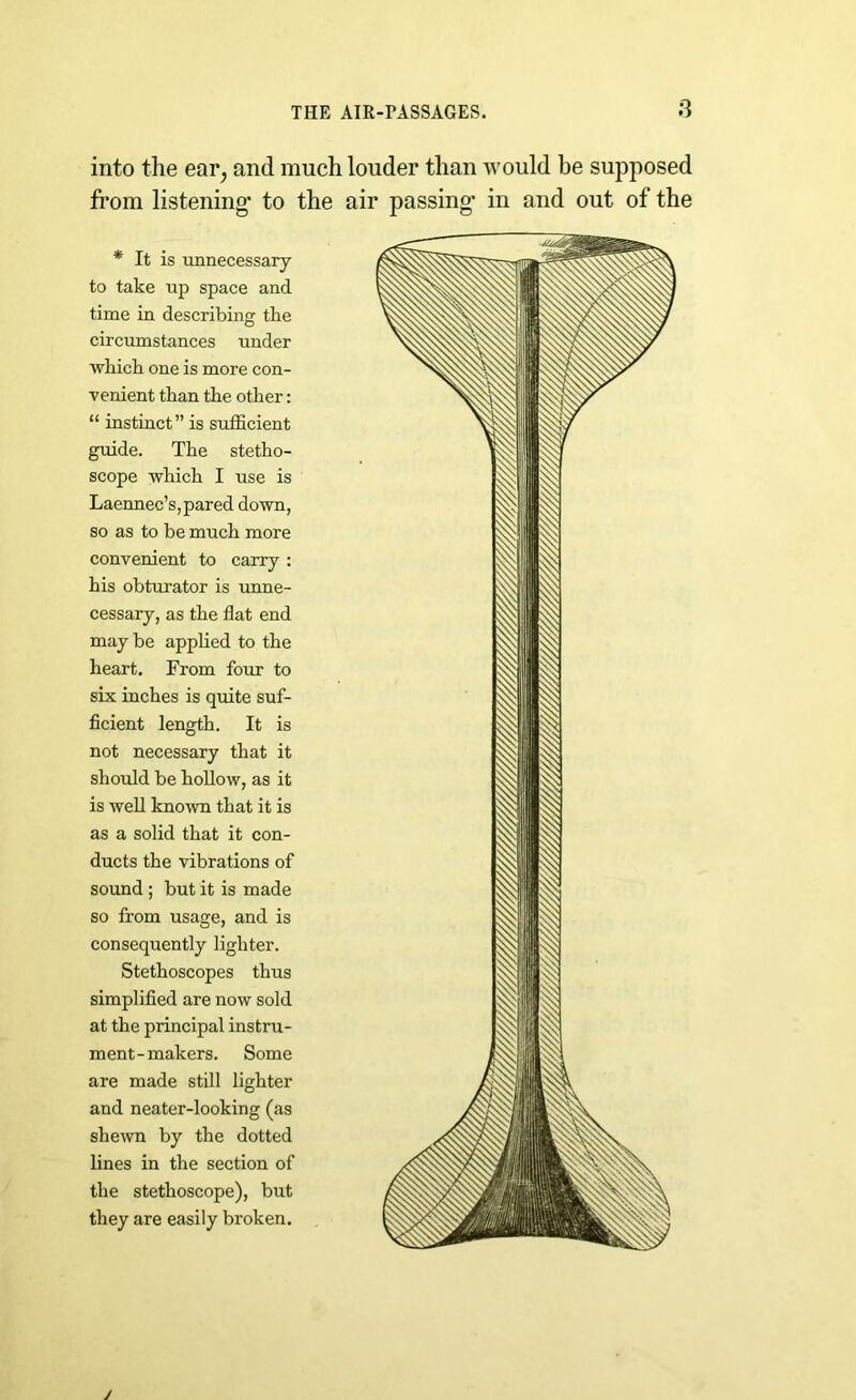 into the ear, and much louder than would be supposed from listening’ to the air passing’ in and out of the * It is unnecessary to take up space and time in describing the circumstances under which one is more con- venient than the other: “ instinct” is sufficient guide. The stetho- scope which I use is Laennec’s, pared down, so as to be much more convenient to carry : his obturator is unne- cessary, as the flat end may be applied to the heart. From four to six inches is quite suf- ficient length. It is not necessary that it should be hollow, as it is well known that it is as a solid that it con- ducts the vibrations of sound ; but it is made so from usage, and is consequently lighter. Stethoscopes thus simplified are now sold at the principal instru- ment-makers. Some are made still lighter and neater-looking (as shewn by the dotted lines in the section of the stethoscope), but they are easily broken. j