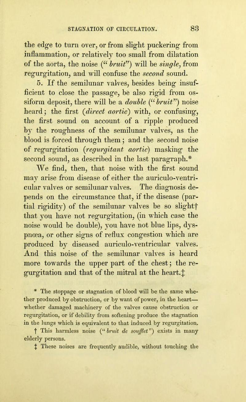 the edge to turn over, or from slight puckering from inflammation, or relatively too small from dilatation of the aorta, the noise (“ bruit”) will be single, from regurgitation, and will confuse the second sound. 5. If the semilunar valves, besides being insuf- ficient to close the passage, be also rigid from os- siform deposit, there will be a double (“ bruit”) noise heard; the first (direct aortic) with, or confusing, the first sound on account of a ripple produced by the roughness of the semilunar valves, as the blood is forced through them; and the second noise of regurgitation (regurgitant aortic) masking- the second sound, as described in the last paragraph.* We find, then, that noise with the first sound may arise from disease of either the auriculo-ventri- cular valves or semilunar valves. The diagnosis de- pends on the circumstance that, if the disease (par- tial rigidity) of the semilunar valves be so slig’htf that you have not regurgitation, (in which case the noise would be double), you have not blue lips, dys- pnoea, or other signs of reflux congestion which are produced by diseased auriculo-ventricular valves. And this noise of the semilunar valves is heard more towards the upper part of the chest ; the re- g’urgitation and that of the mitral at the heart.;|: * The stoppage or stagnation of blood will be the same whe- ther produced by obstruction, or by want of power, in the heart— whether damaged machinery of the valves cause obstruction or regurgitation, or if debility from softening produce the stagnation in the lungs which is equivalent to that induced by regurgitation. f This harmless noise (“ bruit de soufflet ”) exists in many elderly persons. J These noises are frequently audible, without touching the