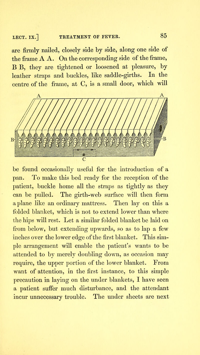 are firmly nailed, closely side by side, along one side of the frame A A. On the corresponding side of the frame, B B, they are tightened or loosened at pleasure, by leather straps and buckles, like saddle-girths. In the centre of the frame, at C, is a small door, which will A A be found occasionally useful for the introduction of a pan. To make this bed ready for the reception of the patient, buckle home all the straps as tightly as they can be pulled. The girth-web surface will then form a plane like an ordinary mattress. Then lay on this a folded blanket, which is not to extend lower than where the hips will rest. Let a similar folded blanket be laid on from below, but extending upwards, so as to lap a few inches over the lower edge of the first blanket. This sim- ple arrangement will enable the patient’s wants to be attended to by merely doubling down, as occasion may require, the upper portion of the lower blanket. From want of attention, in the first instance, to this simple precaution in laying on the under blankets, I have seen a patient suffer much disturbance, and the attendant incur unnecessary trouble. The under sheets are next