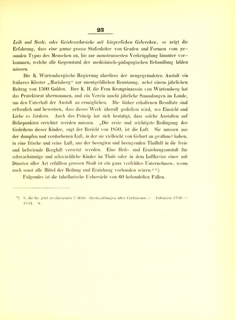 Leib und Seele, oder Geistesschwäche mit körperlichen Gebrechen., so zeigt die Erfahrung-, dass eine ganze grosse Stufenleiter von Graden und Formen vom ge- sunden Typus des Menschen an, bis zur monstruösesten Verkrüpplung hinunter Vor- kommen, welche alle Gegenstand der medicinisch-pädagogischen Behandlung bilden müssen. Die K. Wiirleinbergische Regierung überliess der neugegründeten Anstalt ein früheres Kloster „Mariaberg“ zur unentgeldlichen Benutzung, nebst einem jährlichen Beitrag von 1500 Gulden. Ihre K. FI. die Frau Kronprinzessin von Würtemberg hat das Protektorat übernommen, und ein Verein macht jährliche Sammlungen im Lande, um den Unterhalt der Anstalt zu ermöglichen. Die bisher erhaltenen Resultate sind erfreulich und beweisen, dass dieses Werk überall gedeihen wird, wo Einsicht und Liehe es fördern. Auch das Princip hat sich bestätigt, dass solche Anstalten auf Höhepunkten errichtet werden müssen. „Die erste und wichtigste Bedingung des Gedeihens dieser Kinder, sagt der Bericht von 1850, ist die Luft. Sie müssen aus der dumpfen und verdorbenen Lull, in der sie vielleicht von Geburt an geathme! haben, in eine frische und reine Luft, aus der beengten und beengenden Thalluft in die freie und befreiende Bergluft versetzt werden. Eine Heil- und Erziehungsanstalt für schwachsinnige und schwächliche Kinder im Thale oder in dem Luftkreise einer mit Dünsten aller Art erfüllten grossen Stadt ist ein ganz verfehltes Unternehmen, wenn auch sonst alle Mittel der Heilung und Erziehung vorhanden wären.“') Folgendes ist die tabellarische Uehersichl von 60 behandelten Fällen. ) S. die bi< jetzt .erschienenen > Hefte «Beobachtungen über Cretinismus.» Tübingen 18S0 — 1S!>2. fi.