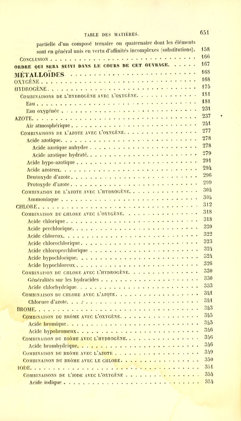 partielle d’un composé ternaire ou quaternaire dont les éléments sont en général unis en vertu d’affinités incomplexes (substitutions). 158 166 Conclusion ORDRE QUI SERA SUIVI RW S LE COURS DE CET OUVRAGE 167 MÉTALLOÏDES 168 OXYGÈNE * 168 HYDROGÈNE 175 Combinaisons de l’hydrogène avec l’oxygène 181 Eau i81 Eau oxygenee AZOTE 237 Air atmosphérique 2^ Combinaisons de l’azote avec l’oxygène • 277 Acide azotique 278 Acide azolique anhydre 278 Acide azotique hydraté 278 Acide hypo-azotique * 2^ Acide azoteux * 29^ Deutoxyde d’azote 288 Protoxyde d’azote 298 Combinaison de l’azote avec l’hydrogène 38a Ammoniaque 30^ CHLORE 312 Combinaison du chlore avec l’oxygène 818 Acide chlorique OAO Acide perchlorique • 328 Acide chloreux 322 Acide chloroChlorique °23 Acide chloroperchlorique 32^ Acide hypochlorique. . 32^ Acide hypochloreux 328 Combinaison du chlore avec l’hydrogène 330 Généralités sur les liydracides 338 Acide chlorhydrique 333 Combinaison du chlore avec l’azote 3^1 Chlorure d’azote. . . » • 3^1 BROME 3/l3 Combinaison du brome avec l’oxygène 3û5 Acide bromique 3^5 Acide hypobromeux 3^8 Combinaison du brome avec l’hydrogène 3^6 Acide bromhydrique 3^8 Cumbinaison du brome avec l’azote 3^9 Combinaison du brome avec le chlore 350 IODE 351 Combinaisons de l’iode avec l’oxygène 35A Acide iodique 35û