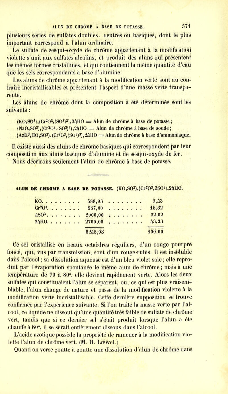 plusieurs séries de sulfates doubles, neutres ou basiques, dont le plus important correspond à l’alun ordinaire. Le sulfate de sesqui-oxyde de chrome appartenant à la modification violette s’unit aux sulfates alcalins, et produit des alüns qui présentent les mêmes formes cristallines, et qui contiennent la même quantité d’eaü que les sels correspondants à base d’alumine. Les aluns de chrome appartenant à la modification verte sont au con- traire incristallisables et présentent l’aspect d’une masse verte transpa- rente. Les aluns de chrême dont la composition a été déterminée sont les suivants : (K0,S03),(Cr203,(S03)3),‘24H0 = Alun de chrome à base de potasse; (Na0,S03),(Cr2ü3.(S03)3),24H0 = Alun de chrome à base de soude; (AzH3,H0,S03),(Cr2ü3,(Sü3)3),24H0 = Alun de chrême à base d’ammoniaque. Il existe aussi des aluns de chrome basiques qui correspondent par leur composition aux aluns basiques d’alumine et de sesqui-oxyde de fer. Nous décrirons seulement l’alun de chrome à base de potasse. ALUN DE CHROME A BASE DE POTASSE. (KO,SO3),(Cr203,3SO3),24HO. KO 9,43 Cr203 . . . 15,32 4S03 . . . 2000,00 . . . . . . . 32,02 24HO . . . 43,23 6245,93 100,00 Ce sel cristallise en beaux octaèdres réguliers, d’un rouge pourpre foncé, qui, vus par transmission, sont d’un rouge-rubis. 11 est insoluble dans l’alcool ; sa dissolution aqueuse est d’un bleu violet sale ; elle repro- duit par l’évaporation spontanée le même alun de chrome ; mais à une température de 70 à 80°, elle devient rapidement verte. Alors les deux sulfates qui constituaient l’alun se séparent, ou, ce qui est plus vraisem- blable, l’alun change de nature et passe de la modification violette à la modification verte incristallisable. Cette dernière supposition se trouve confirmée par l’expérience suivante. Si l’on traite la masse verte par l’al- cool, ce liquide ne dissout qu’une quantité très faible de sulfate de chrome vert, tandis que si ce dernier sel s’était produit lorsque l’alun a été chauffé à 80°, il se serait entièrement dissous dans l’alcool. L’acide azotique possède la propriété de ramener à la modification vio- lette l’alun de chrome vert. (M. H. Lœvvel.) Quand on verse goutte à goutte une dissolution d’alun de chrême dans