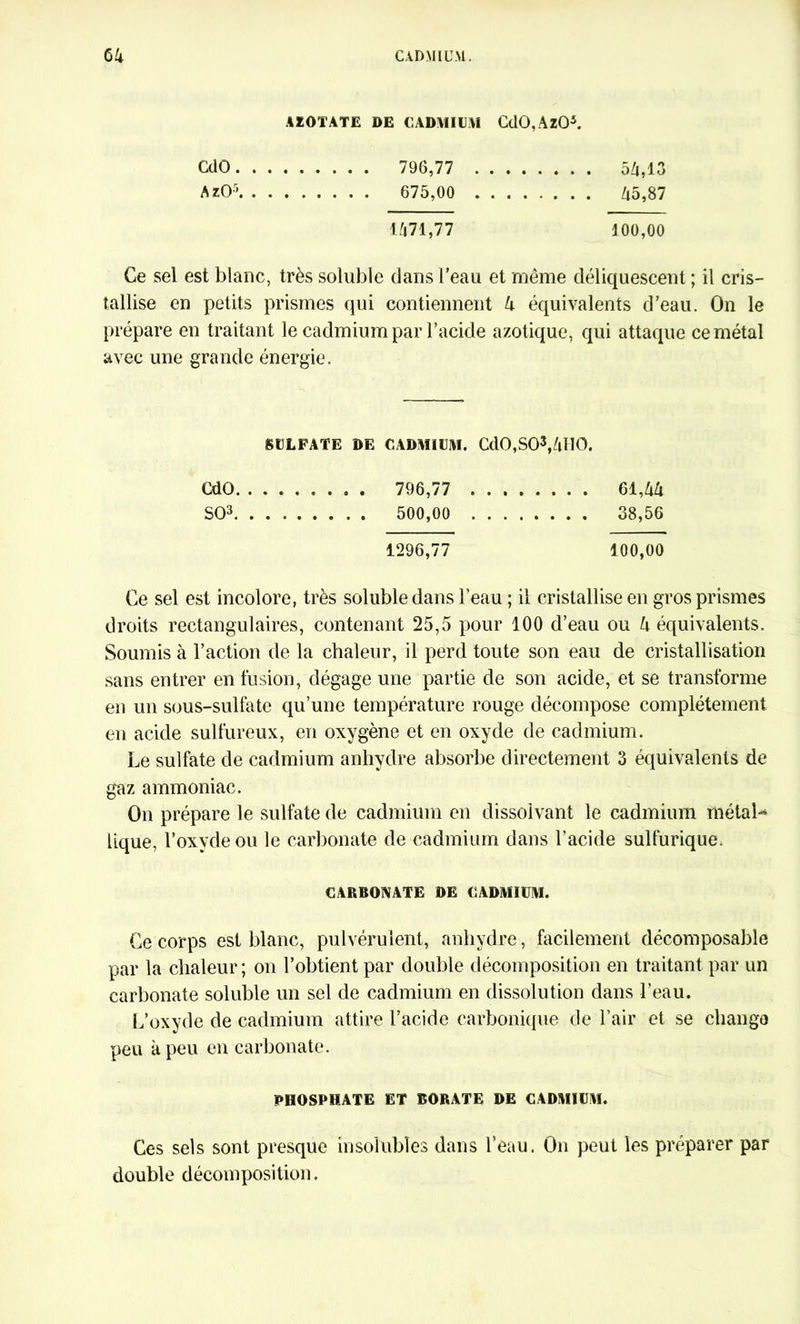 AZOTATE DE CADMIUM CdO.AzO5. GdO 796,77 54,13 AzO' 675,00 45,87 1471,77 100,00 Ce sel est blanc, très soluble dans l’eau et même déliquescent ; il cris- tallise en petits prismes qui contiennent 4 équivalents d’eau. On le prépare en traitant le cadmium par l’acide azotique, qui attaque ce métal avec une grande énergie. SULFATE DE CADMIUM. Cd0,S03,4ïI0. CdO . 796,77 61,44 SO3 500,00 38,56 1296,77 100,00 Ce sel est incolore, très soluble dans l’eau ; il cristallise en gros prismes droits rectangulaires, contenant 25,5 pour 100 d’eau ou 4 équivalents. Soumis à l’action de la chaleur, il perd toute son eau de cristallisation sans entrer en fusion, dégage une partie de son acide, et se transforme en un sous-sulfate qu’une température rouge décompose complètement en acide sulfureux, en oxygène et en oxyde de cadmium. Le sulfate de cadmium anhydre absorbe directement 3 équivalents de gaz ammoniac. On prépare le sulfate de cadmium en dissolvant le cadmium métal** tique, l’oxyde ou le carbonate de cadmium dans l’acide sulfurique, CARBONATE DE CADMIUM. Ce corps est blanc, pulvérulent, anhydre, facilement décomposable par la chaleur; on l’obtient par double décomposition en traitant par un carbonate soluble un sel de cadmium en dissolution dans l’eau. L’oxyde de cadmium attire l’acide carbonique de l’air et se change peu à peu en carbonate. PHOSPHATE ET BORATE DE CADMIUM. Ces sels sont presque insolubles dans l’eau. On peut les préparer par double décomposition.