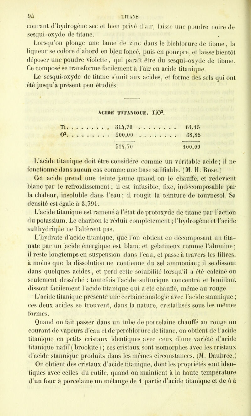 courant d’hydrogène sec et bien privé d’air, laisse une poudre noire de sesqui-oxyde de titane. Lorsqu’on plonge une lame de zinc dans le bichlorure de titane, la liqueur se colore d’abord en bleu foncé, puis en pourpre, et laisse bientôt déposer une poudre violette, qui paraît être du sesqui-oxyde de titane. Ce composé se transforme facilement à l’air en acide titanique. Le sesqui-oxyde de titane s’unit aux acides, et forme des sels qui ont été jusqu’à présent peu étudiés. ACIDE TITANIQUE, TiO2. Ti 3i/i,7ü 61,15 O2 200,00 38,85 514,70 100,00 L’acide titanique doit être considéré comme un véritable acide; il ne fonctionne dans aucun cas comme une base saliliable. (M. H. Rose.) Cet acide prend une teinte jaune quand on le chauffe, et redevient blanc par le refroidissement ; il est infusible, fixe, indécomposable par la chaleur, insoluble dans l’eau; il rougit la teinture de tournesol. Sa densité est égale à 3,791. L’acide titanique est ramené à l’état de protoxyde de titane par l’action du potassium. Le charbon le réduit complètement ; l’hydrogène et l’acide sulthydrique ne l’altèrent pas. L’hydrate d’acide titanique, que l’on obtient en décomposant un tita- nate par un acide énergique est blanc et gélatineux comme l’alumine ; il reste longtemps en suspension dans l’eau, et passe à travers les filtres, à moins que la dissolution ne contienne du sel ammoniac ; il se dissout dans quelques acides, et perd cette solubilité lorsqu’il a été calciné ou seulement desséché : toutefois l’acide sulfurique concentré et bouillant dissout facilement l’acide titanique qui a été chauffé, même au rouge. L’acide titanique présente une certaine analogie avec l’acide stannique ; ces deux acides se trouvent, dans la nature, cristallisés sous les mêmes formes. Quand on fait passer dans un tube de porcelaine chauffé au rouge un courant de vapeurs d’eau et de perchlorure de titane, on obtient de l’acide titanique en petits cristaux identiques avec ceux d’une variété d’acide titanique natif (brookite) ; ces cristaux sont isomorphes avec les cristaux d’acide stannique produits dans les mêmes circonstances. (M. Daubrée.) On obtient des cristaux d’acide titanique, dont les propriétés sont iden- tiques avec celles du rutile, quand on maintient à la haute température d’un four à porcelaine un mélange de 1 partie d’acide titanique et de U à