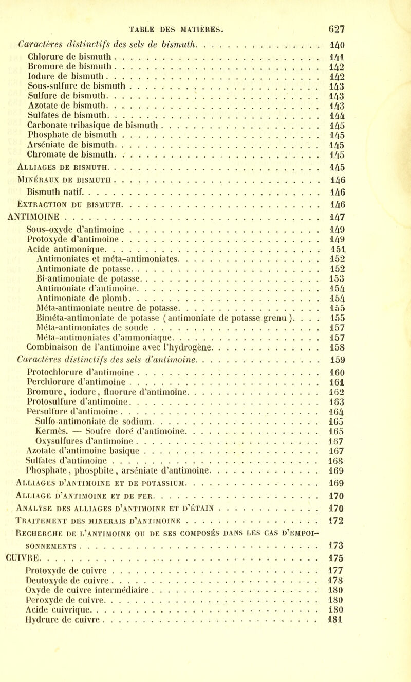 Caractères distinctifs des sels de bismuth IZiO Chlorure de bismuth 141 Bromure de bismuth 142 Iodure de bismuth 142 Sous-sulfure de bismuth . 143 Sulfure de bismuth 143 Azotate de bismuth 143 Sulfates de bismuth. 144 Carbonate tribasique de bismuth 145 Phosphate de bismuth 145 Arséniate de bismuth 145 Chromate de bismuth 1Zi5 Alliages de bismuth 145 Minéraux de bismuth IZ16 Bismuth natif IZiG Extraction du bismuth 146 ANTIMOINE 11x7 Sous-oxyde d’antimoine 149 Protoxyde d’antimoine l/i9 Acide antimonique 151 Antimoniates et méta-antimoniales 152 Antimoniate de potasse 152 Bi-antimoniate de potasse 153 Antimoniate d’antimoine 154 Antimoniate de plomb 15lx Méta-antimoniate neutre de potasse 155 Biméta-antimoniate de potasse ( antimoniate de potasse grenu ). . . . 155 Méta-antimoniates de soude 157 Méta-antimoniates d’ammoniaque 157 Combinaison de l’antimoine avec l’hydrogène 158 Caractères distinctifs des sels d’antimoine 159 Protochlorure d’antimoine 160 Perchlorure d’antimoine 161 Bromure, iodure, fluorure d’antimoine 162 Prolosulfure d’antimoine 163 Persulfure d’antimoine 164 Sulfo-antimoniate de sodium 165 Kermès. — Soufre doré d’antimoine 165 Oxysulfui es d’antimoine 167 Azotate d’antimoine basique 167 Sulfates d’antimoine 168 Phosphate, phosphite, arséniate d’antimoine 169 Alliages d’antimoine et de potassium 169 Alliage d’antimoine et de fer 170 Analyse des alliages d’antimoine et d’étain 170 Traitement des minerais d’antimoine 172 Recherche de l’antimoine ou de ses composés dans les cas d’empoi- sonnements 173 CUIVRE 175 Protoxyde de cuivre 177 Deutoxyde de cuivre 178 Oxyde de cuivre intermédiaire 180 Peroxyde de cuivre 180 Acide cuivrique 180 Hydrure de cuivre 181