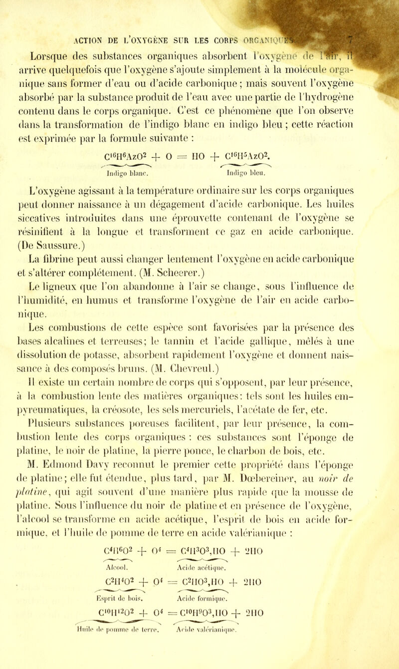 ACTION DE L’OXYGÈNE SUR LES CORPS ORGANIOU Lorsque des substances organiques absorbent l’oxygène de ! tut, i arrive quelquefois que l’oxygène s’ajoute simplement à la molécule orga- nique sans former d’eau ou d’acide carbonique ; mais souvent l’oxygène absorbé par la substance produit de l’eau avec une partie de l'hydrogène contenu dans le corps organique. C’est ce phénomène que l’on observe dans la transformation de l’indigo blanc en indigo bleu ; cette réaction est exprimée par la formule suivante : Cl6H6Az02 + O = 110 + C1Gli5Az02. Indiço blanc. Indic'o bleu. L’oxygène agissant à la température ordinaire sur les corps organiques peut donner naissance à un dégagement d’acide carbonique. Les huiles siccatives introduites dans une éprouvette contenant de l’oxygène se résinilient à la longue et transforment ce gaz en acide carbonique. (De Saussure.) La fibrine peut aussi changer lentement l’oxygène en acide carbonique et s’altérer complètement. (M. Scheerer.) Le ligneux que l’on abandonne à l’air se change, sous l’influence de l’humidité, en humus et transforme l’oxygène de l’air en acide carbo- nique. Les combustions de cette espèce sont favorisées par la présence des bases alcalines et terreuses; le tannin et l’acide gaélique, mêlés à une dissolution de potasse, absorbent rapidement l’oxygène et donnent nais- sance à des composés bruns. (M. Chevreul.) Il existe un certain nombre de corps qui s’opposent, par leur présence, à la combustion lente des matières organiques: tels sont les huiles em- pyreumatiques, la créosote, les sels mercuriels, l’acétate de fer, etc. Plusieurs substances poreuses facilitent, par leur présence, la com- bustion lente des corps organiques : ces substances sont l’éponge de platine, le hoir de platine, la pierre ponce, le charbon de bois, etc. M. Edmond Davy reconnut le premier cette propriété dans l’éponge de platine ; elle fut étendue, plus tard, par M. Dœbereiner, au noir de platine, qui agit souvent d’une manière plus rapide que la mousse de platine. Sous l’influence du noir de platine et en présence de l’oxygène, l’alcool se transforme en acide acétique, l’esprit de bois en acide for- mique, et l’huile de pomme de terre en acide valérianique : c4n6o2 + o4 Alcool. C2H402 + O4 Esprit de bois. C>0|p2O2 _g O4 : C41I303,I10 -f ‘JHO Acide acétique. = C2Ii03,I10 4- 2110 Acide formique. = GIOH903,HO + 2110 Huile de pomme de terre. Aride valérianique.
