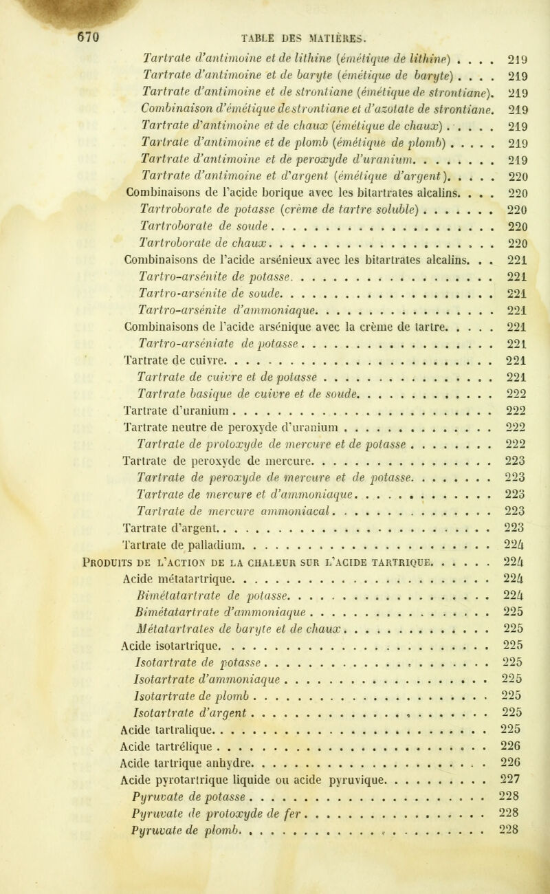 Tartrate d’antimoine et de lithine (émétique de lithine) . . . . Tartrate d’antimoine et de baryte (émétique de baryte) . . . . Tartrate d’antimoine et de strontiane (émétique de strontiane). Combinaison d’émétique destrontiane et d’azotate de strontiane. Tartrate d’antimoine et de chaux (émétique de chaux) Tartrate d’antimoine et de plomb (émétique de plomb) Tartrate d’antimoine et de peroxyde d’uranium Tartrate d’antimoine et d’argent (émétique d’argent ) Combinaisons de l’acide borique avec les bitartrates alcalins. . . . Tartroborate de potasse (crème de tartre soluble) Tartroborate de soude Tartroborate de chaux . . Combinaisons de l’acide arsénieux avec les bitartrates alcalins. . . Tartro-arsénite de potasse Tartro-arsénite de soude 219 219 219 219 219 219 219 220 220 220 220 220 221 221 221 Tartro-arsénite d’ammoniaque Combinaisons de l’acide arsénique avec la crème de tartre, Tartro-arsêniate de potasse Tartrate de cuivre Tartrate de cuivre et de potasse Tartrate basique de cuivre et de soude Tartrate d’uranium Tartrate neutre de peroxyde d’uranium Tartrate de protoxyde de mercure et de jetasse . . . . Tartrate de peroxyde de mercure Tartrate de peroxyde de mercure et de potasse. . . . Tartrate de mercure et d’ammoniaque Tartrate de mercure ammoniacal Tartrate d’argent Tartrate de palladium Produits de l’action de la chaleur sur l’acide tartrique. . Acide métatartrique Bimétatartrate de potasse Bimétatartrate d’ammoniaque Métatartrates de baryte et de chaux Acide isotartrique Isotartrate de potasse . . . Isotartrate d’ammoniaque Isotartrate de plomb Isotartrate d’argent , . . . Acide tartralique Acide tartrélique Acide tartrique anhydre Acide pyrotartrique liquide ou acide pyruvique Pyruvate de potasse Pyruvate de protoxyde de fer. Pyruvate de plomb , 221 221 221 221 221 222 222 222 222 223 223 223 223 223 22Zi 22 k 22A 22 lx 225 225 225 225 225 225 225 225 226 226 227 228 228 228