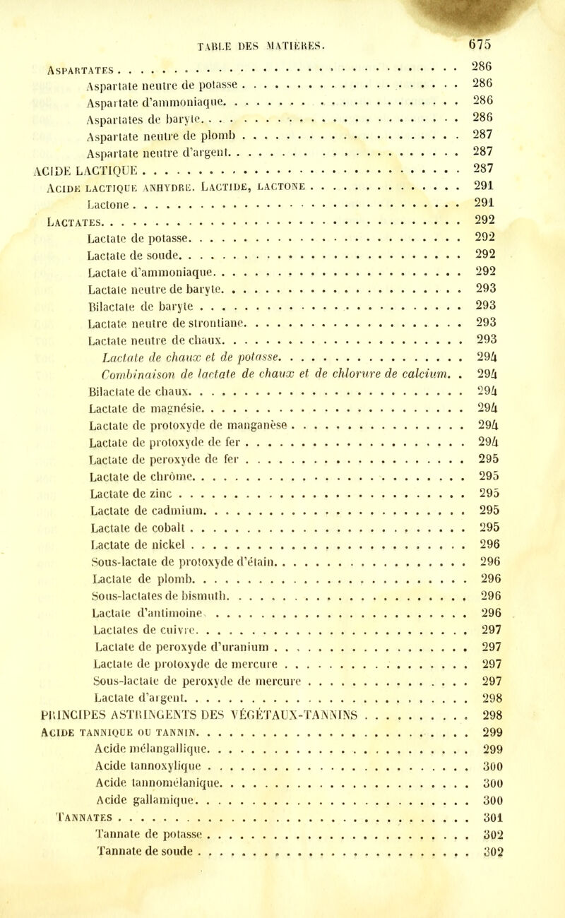Aspartates 286 Aspartate neutre de potasse 286 Aspartate d’ammoniaque. . 286 Aspartates de baryte * 286 Aspartate neutre de plomb 287 Aspartate neutre d’argent 287 ACIDE LACTIQUE 287 Acide lactique anhydre. Lactide, lactone 291 Lactone 291 Lactates 292 Lactate de potasse 292 Lactate de soude 292 Lactale d'ammoniaque 292 Lactate neutre de baryte 293 Bilactale de baryte 293 Lactate neutre de strontiane 293 Lactate neutre de chaux 293 Lactate de chaux et de potasse 29Zi Combinaison de lactate de chaux et de chlorure de calcium. . 29Zi Bilactale de chaux 29A Lactate de magnésie 29Zi Lactate de protoxyde de manganèse 29Zi Lactate de protoxyde de fer 29Zi Lactate de peroxyde de fer 295 Lactale de chrome 295 Lactate de zinc 295 Lactate de cadmium 295 Lactate de cobalt 295 Lactate de nickel 296 Sous-lactale de protoxyde d’étain 296 Lactate de plomb 296 Sous-laclates de bismuth. 296 Lactale d’antimoine 296 Lactates de cuivre 297 Lactate de peroxyde d’uranium 297 Lactate de protoxyde de mercure 297 Sous-lactale de peroxyde de mercure 297 Lactate d’argent 298 PRINCIPES ASTRINGENTS DES VÉGÉTAUX-TANNINS 298 Acide tannique ou tannin 299 Acide mélangallique 299 Acide tannoxylique 300 Acide lannomélanique 300 Acide gallamique. 300 Tannates 301 Tannale de potasse 302 Tannate de soude 302