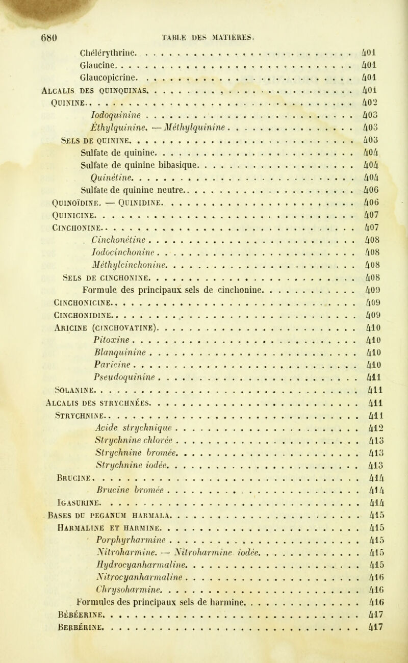 Chélérythrine. Glaucine Glaucopicrine Alcalis des quinquinas , . . . . Quinine Jodoquinine Éthylquinine. — Méthylquinine Sels de quinine Sulfate de quinine. Sulfate de quinine bibasique Quinétine Sulfate de quinine neutre.. Quinoïdine. — Quinidine Quinicine ClNCHONINE Cinchonétine lodocinchonine M éthyle i n ch on ine Sels de cinchonine Formule des principaux sels de cinchonine ClNCHONICINE ClNCHONIDINE Aricine (cinchovatine) Pitoxine Blanquinine Par ici ne Pseudoquinine SOLAN1NE Alcalis des strychnées Strychnine Acide strychnique Strychnine chlorée Strychnine bromée Strychnine iodée Brucine Brucine bromée IGASURINE Bases du peganum harmala Hàrmaline et harmine Porphyrharmine Xitroharmine. — Xitroharmine iodée. H ydrocyan harm ali ne Xitroc yanharmaline Chrysoharmine Formules des principaux sels de harmine. . . Bébéerine. Berbérine 401 401 401 401 402 403 403 403 404 404 404 A06 406 407 407 408 408 408 408 409 409 409 410 410 410 410 411 411 411 411 412 413 413 413 414 414 414 415 415 415 415 415 416 416 416 417 417